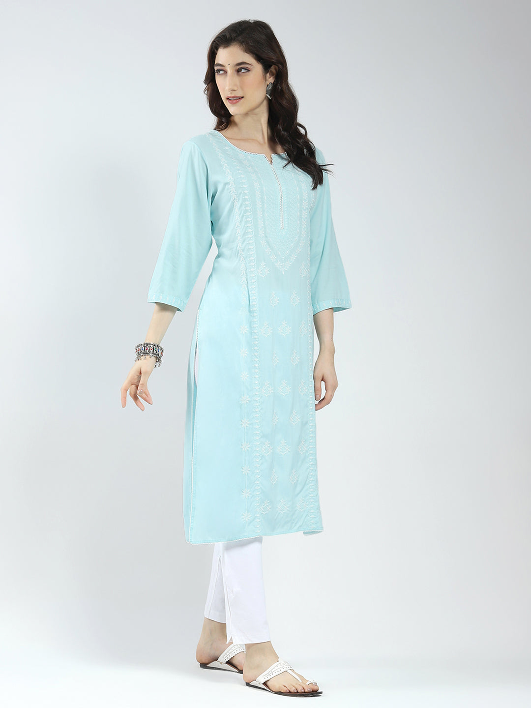 Women Blue Self Design Round Neck 3/4th Sleeve Kurti