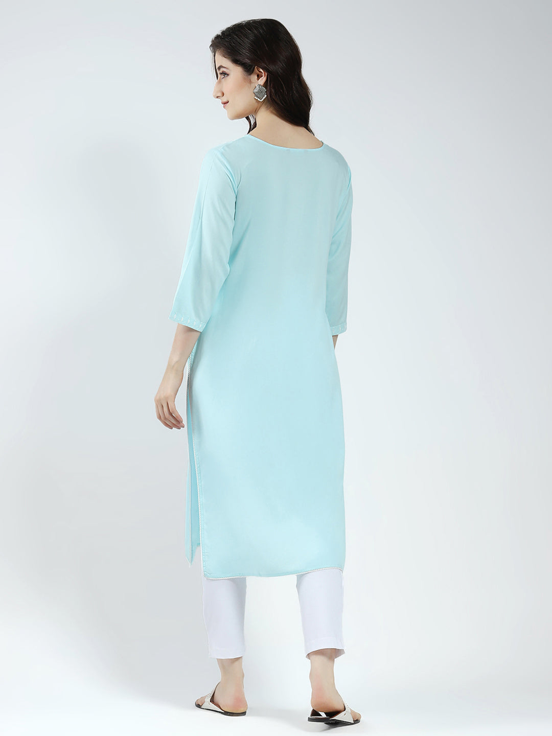 Women Blue Self Design Round Neck 3/4th Sleeve Kurti