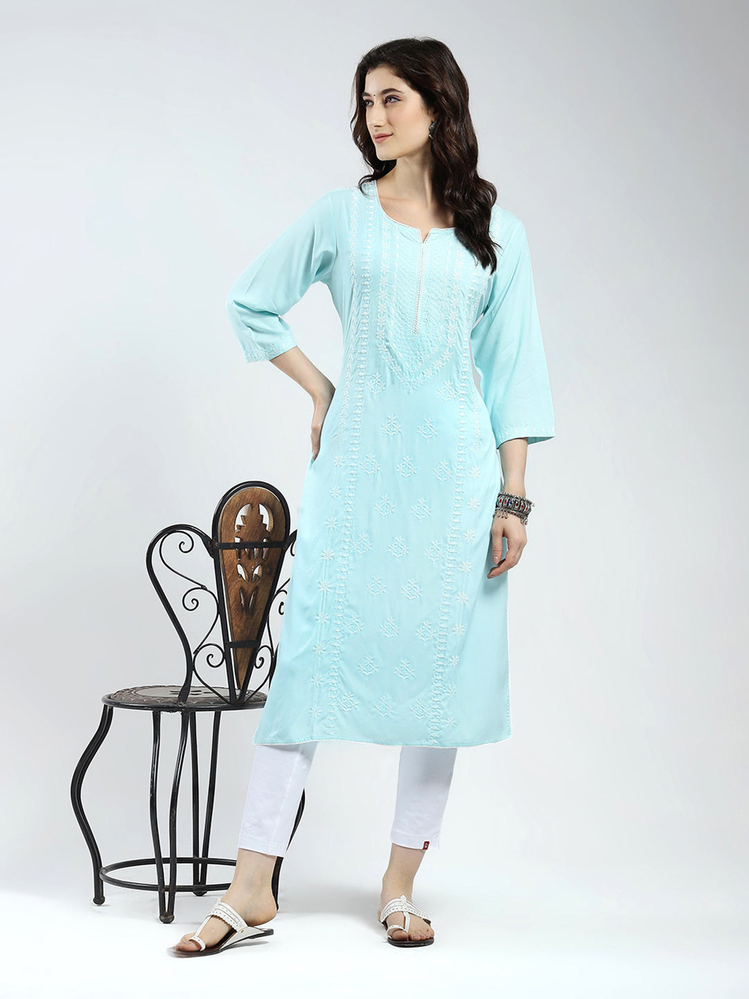 Women Blue Self Design Round Neck 3/4th Sleeve Kurti