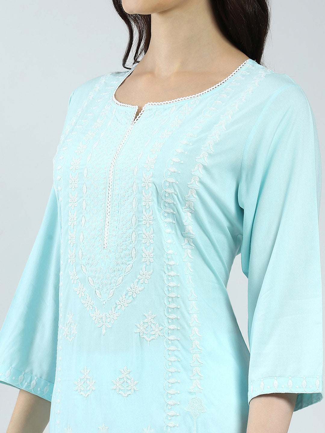 Women Blue Self Design Round Neck 3/4th Sleeve Kurti