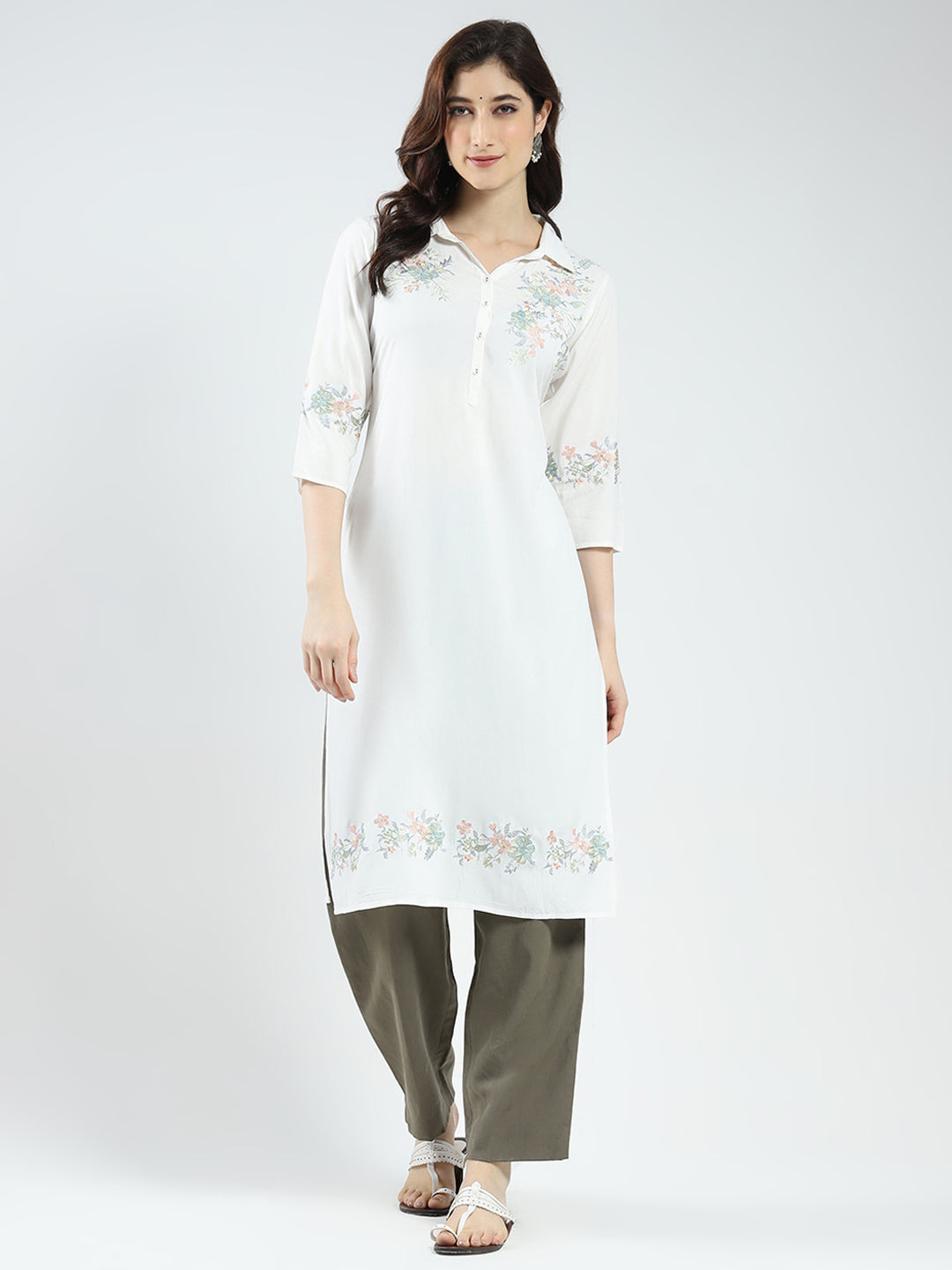 Women White Self Design Collar 3/4th Sleeve Kurti
