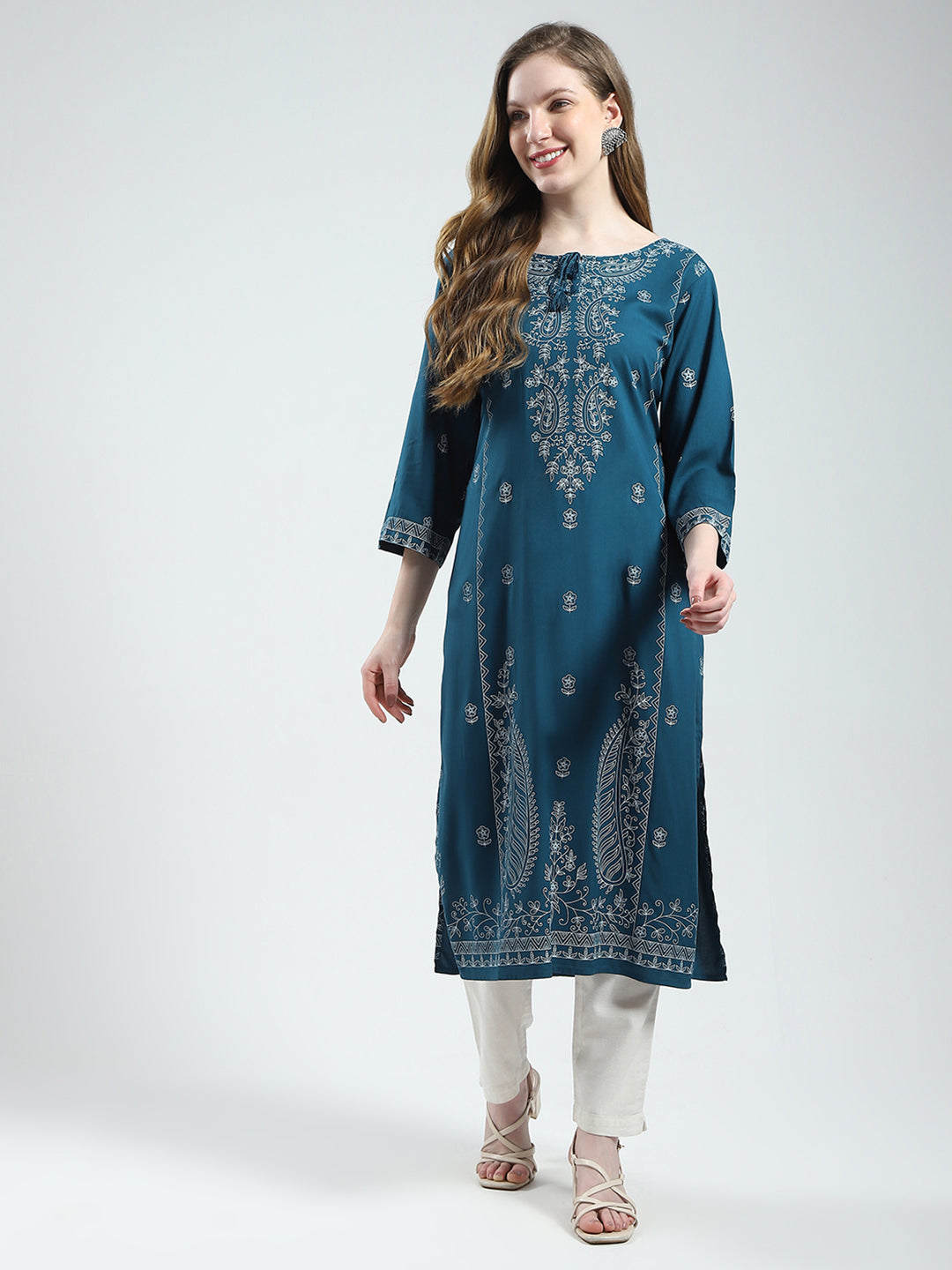 Women Teal Blue Printed Round Neck 3/4th Sleeve Kurti