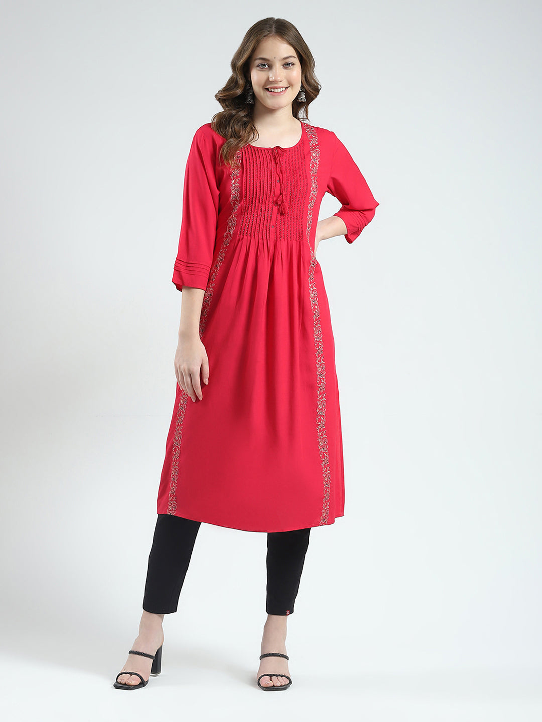 Women Magenta Embroidered Round Neck 3/4th Sleeve Kurti