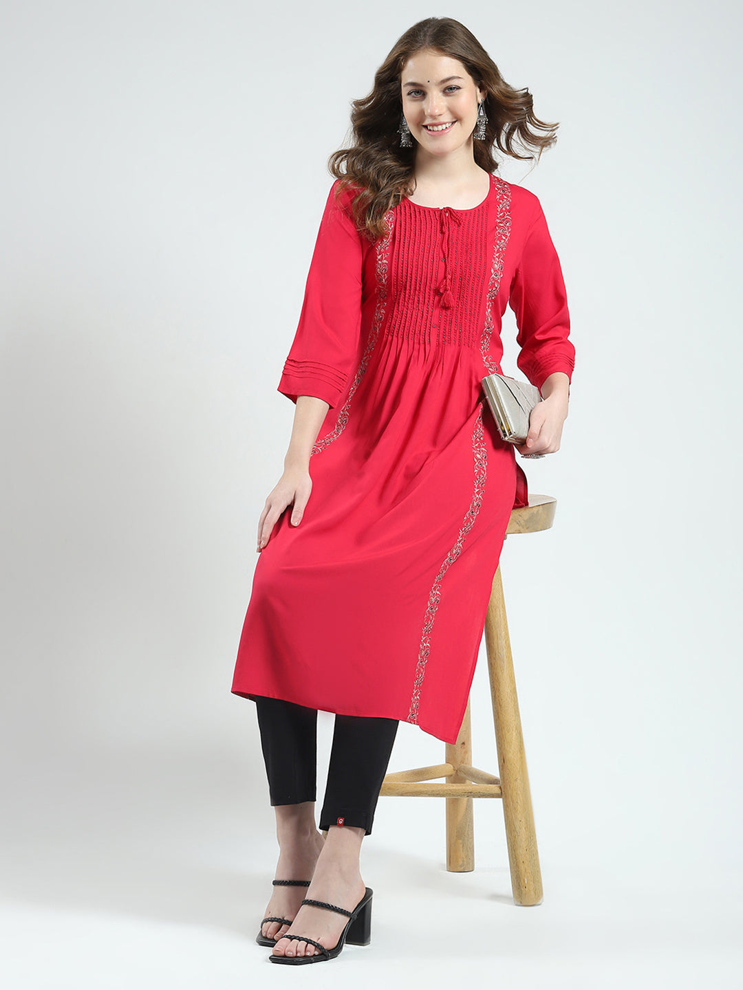 Women Magenta Embroidered Round Neck 3/4th Sleeve Kurti