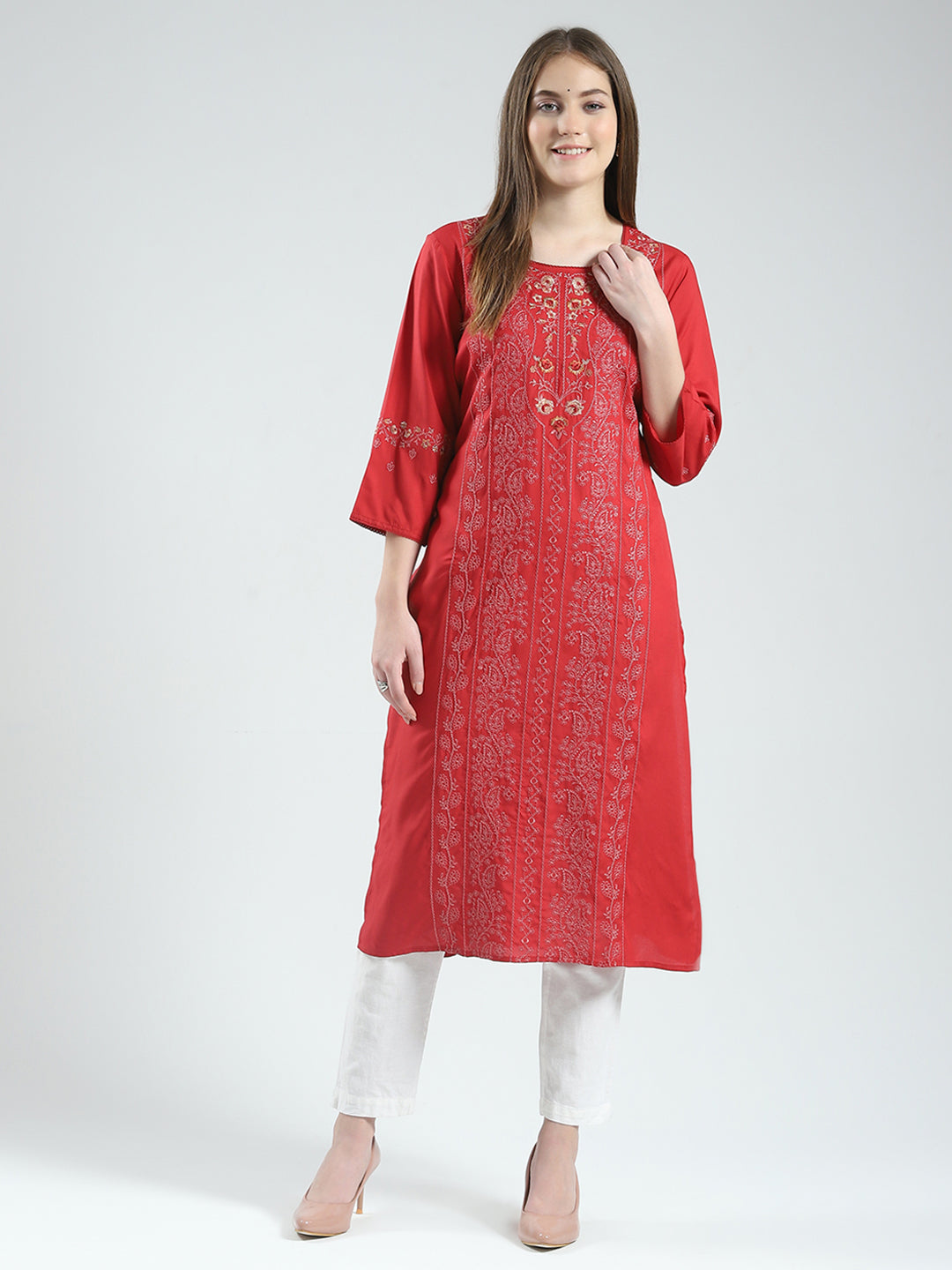Women Maroon Self Design Round Neck 3/4th Sleeve Kurti