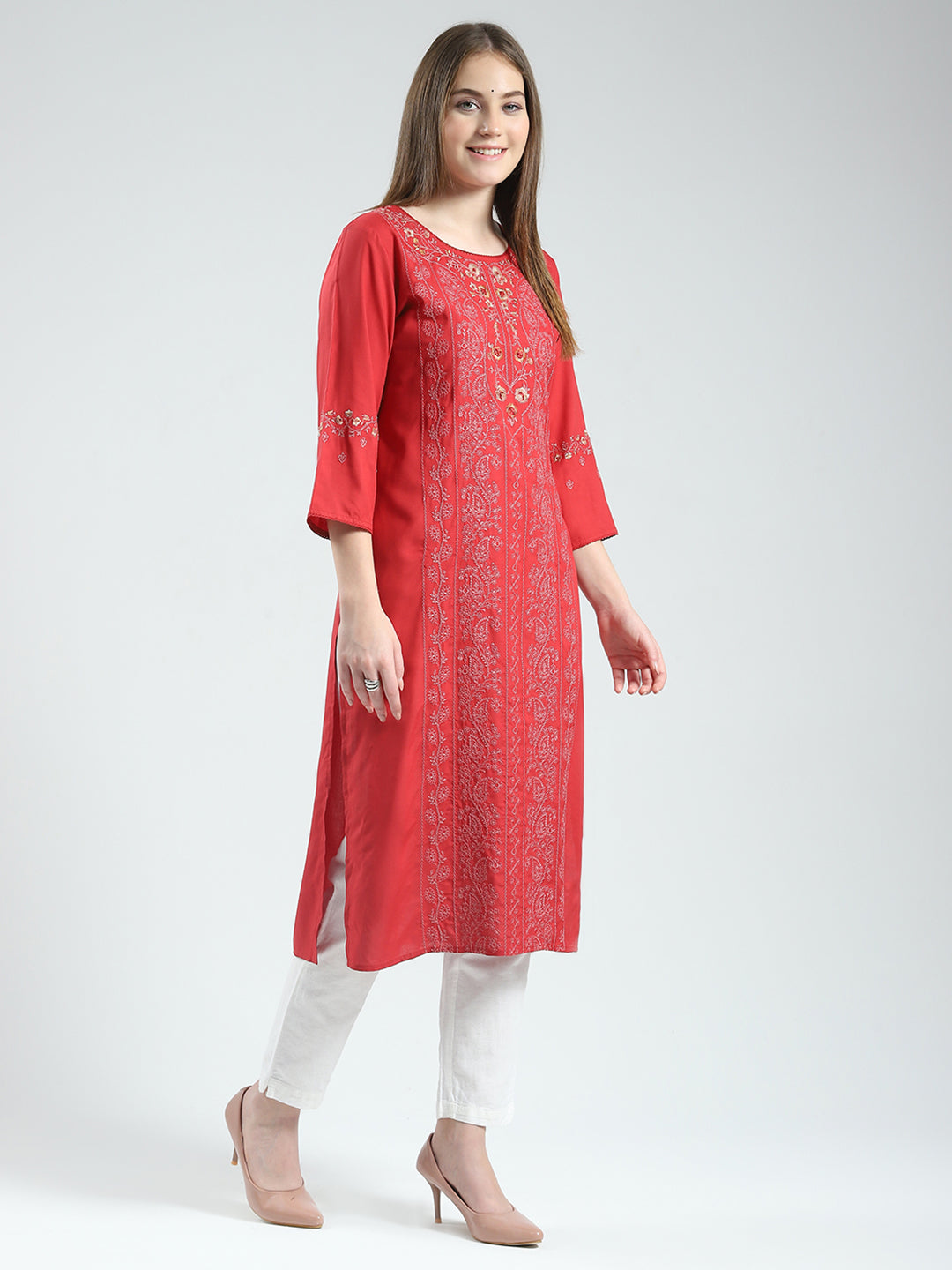 Women Maroon Self Design Round Neck 3/4th Sleeve Kurti