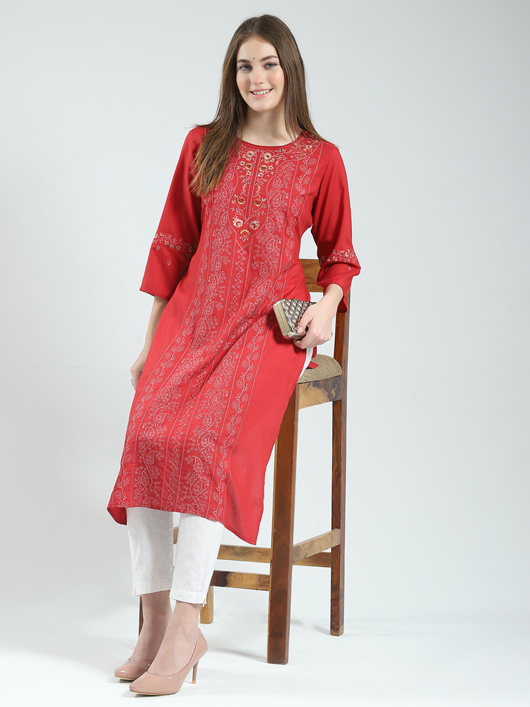 Women Maroon Self Design Round Neck 3/4th Sleeve Kurti