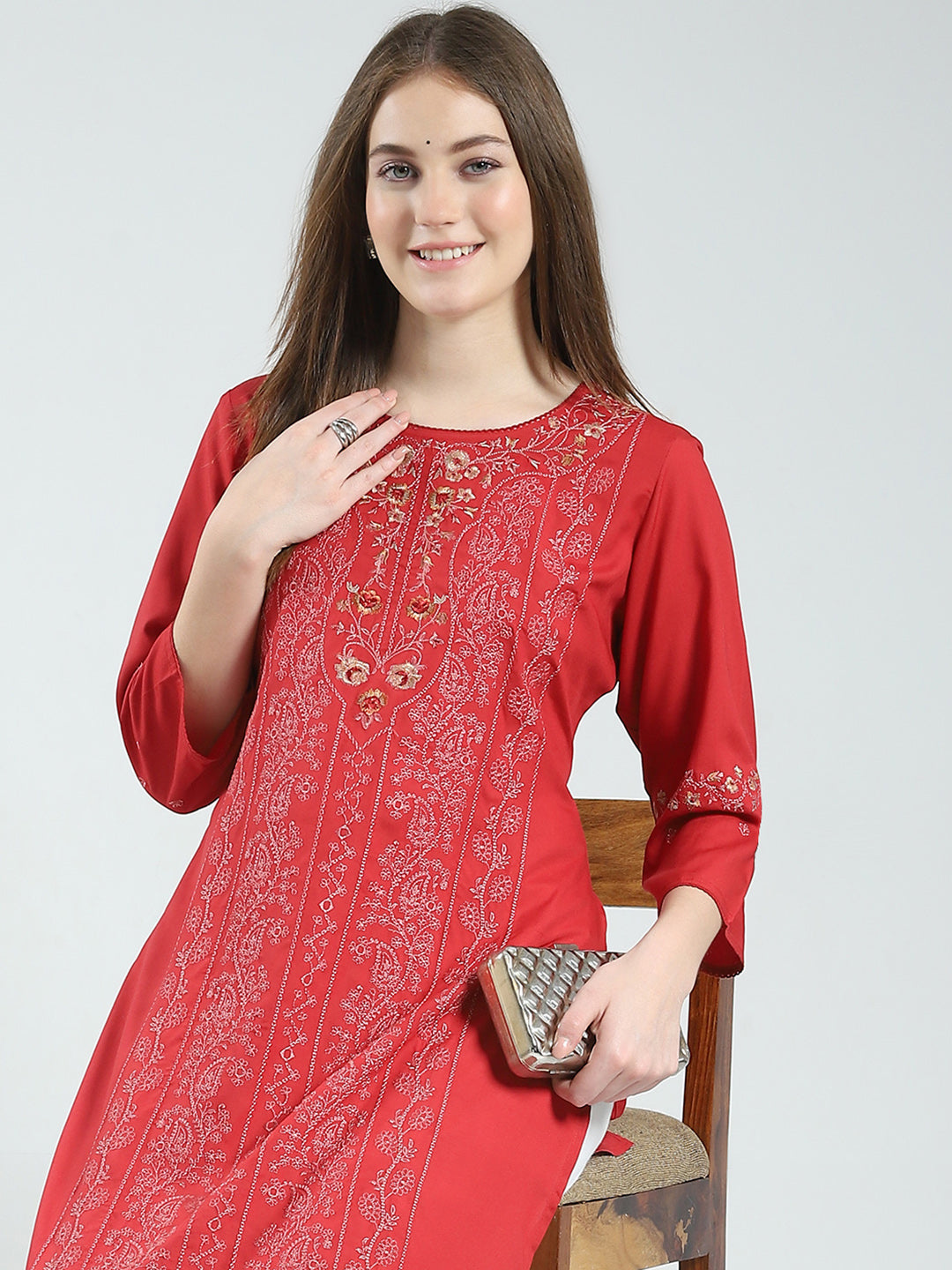 Women Maroon Self Design Round Neck 3/4th Sleeve Kurti