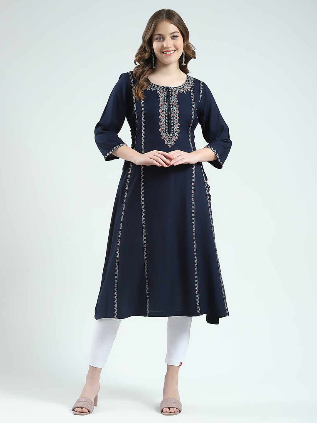 Women Navy Blue Embroidered Round Neck 3/4th Sleeve Kurti