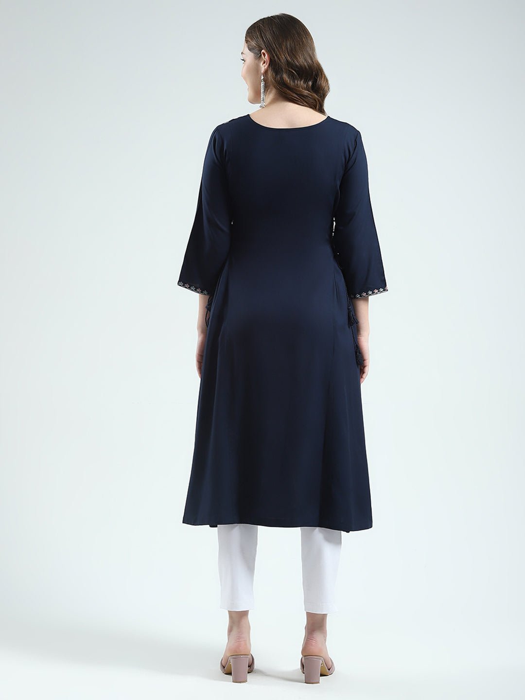 Women Navy Blue Embroidered Round Neck 3/4th Sleeve Kurti
