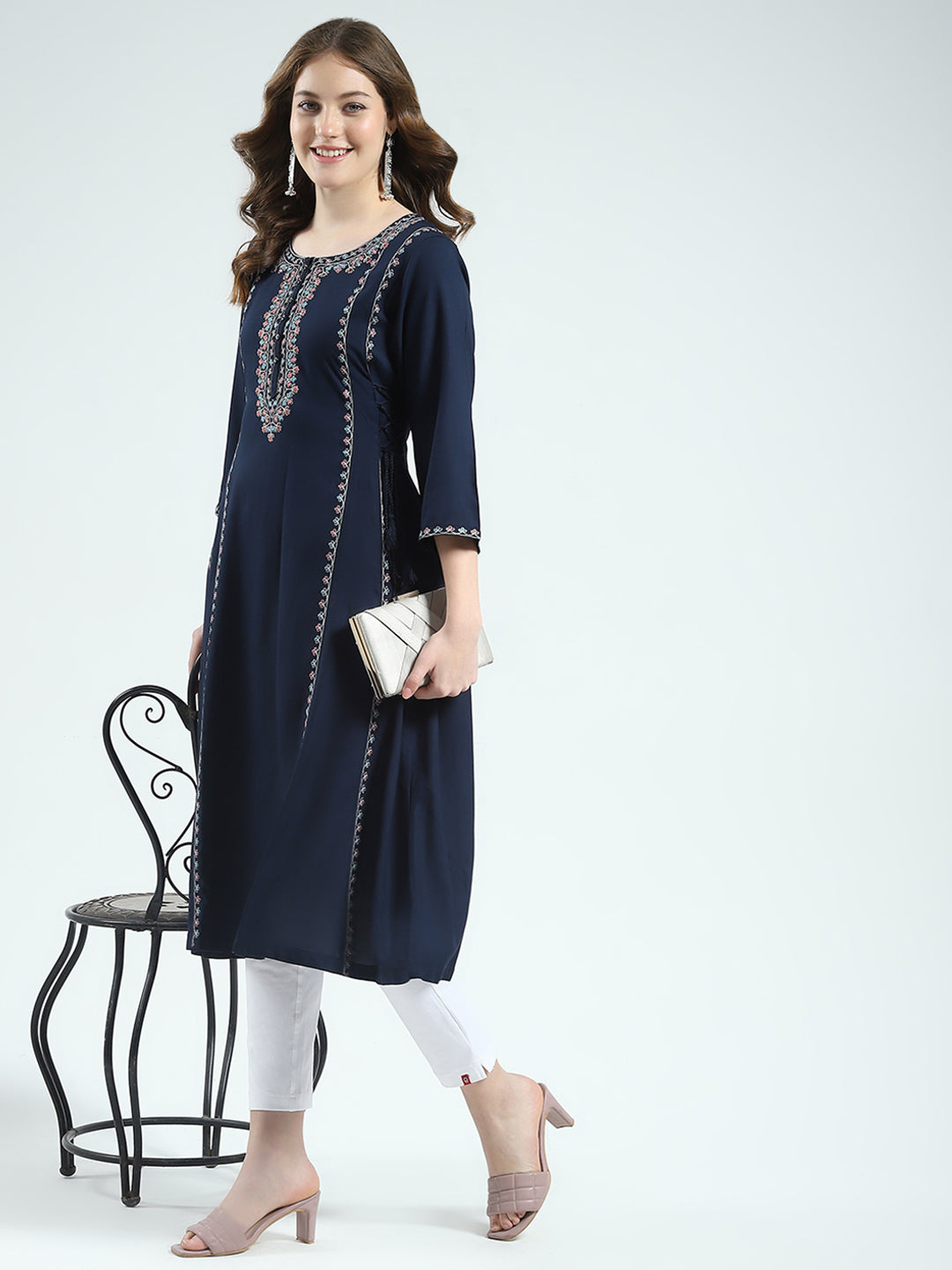 Women Navy Blue Embroidered Round Neck 3/4th Sleeve Kurti