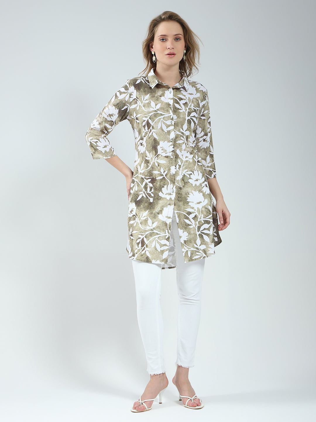 Women Green Printed Collar 3/4th Sleeve Tunic