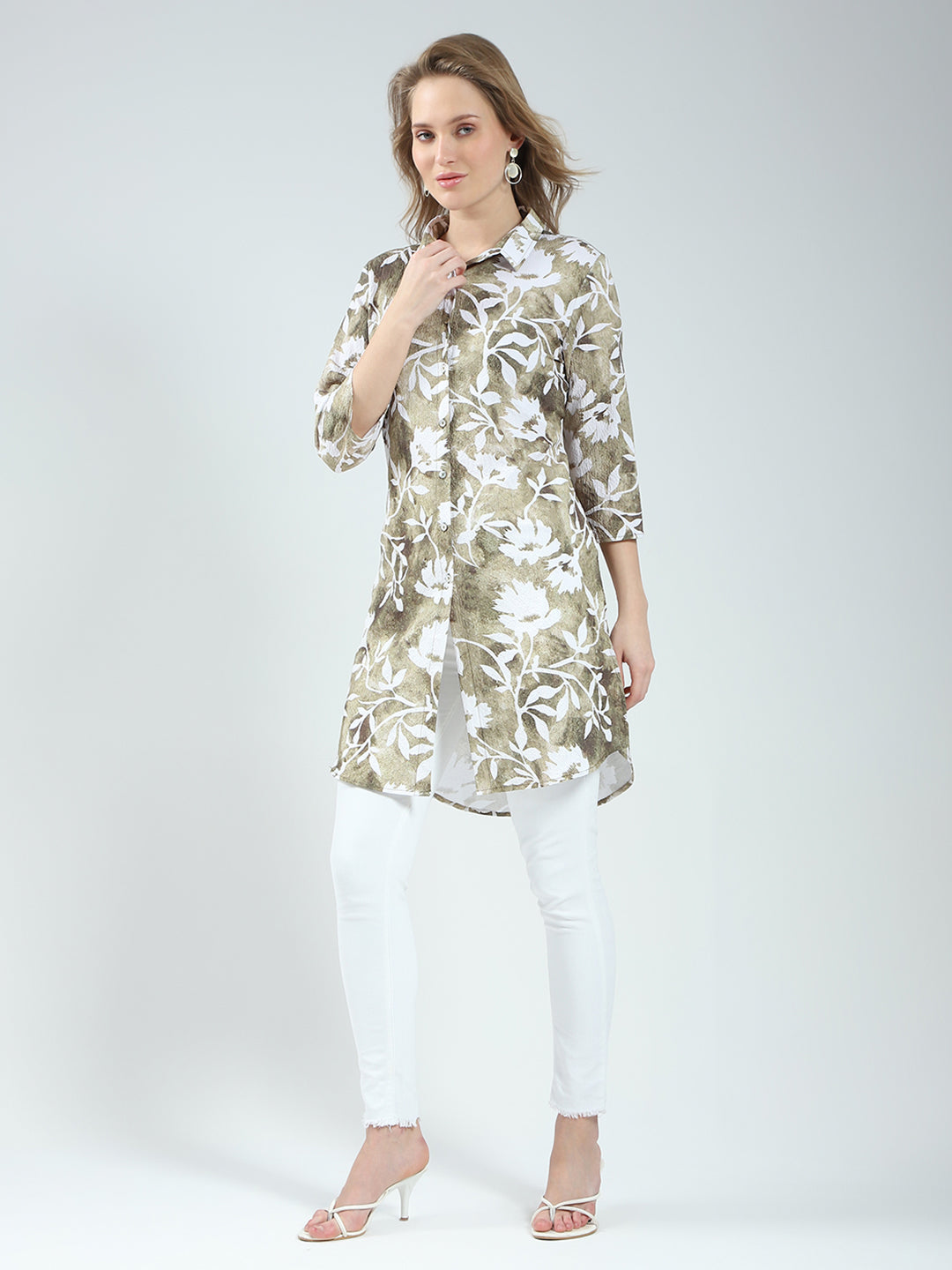Women Green Printed Collar 3/4th Sleeve Tunic