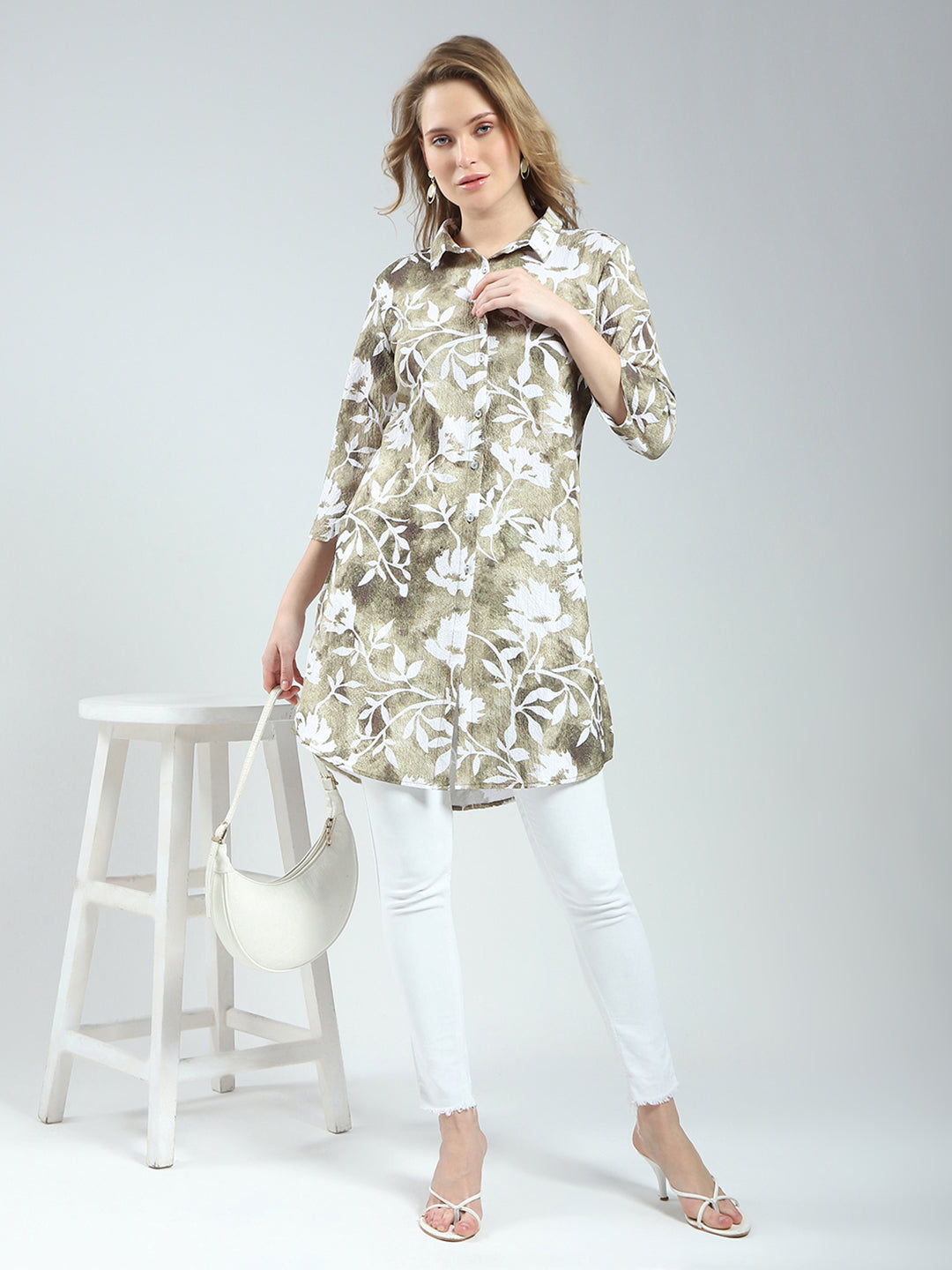 Women Green Printed Collar 3/4th Sleeve Tunic