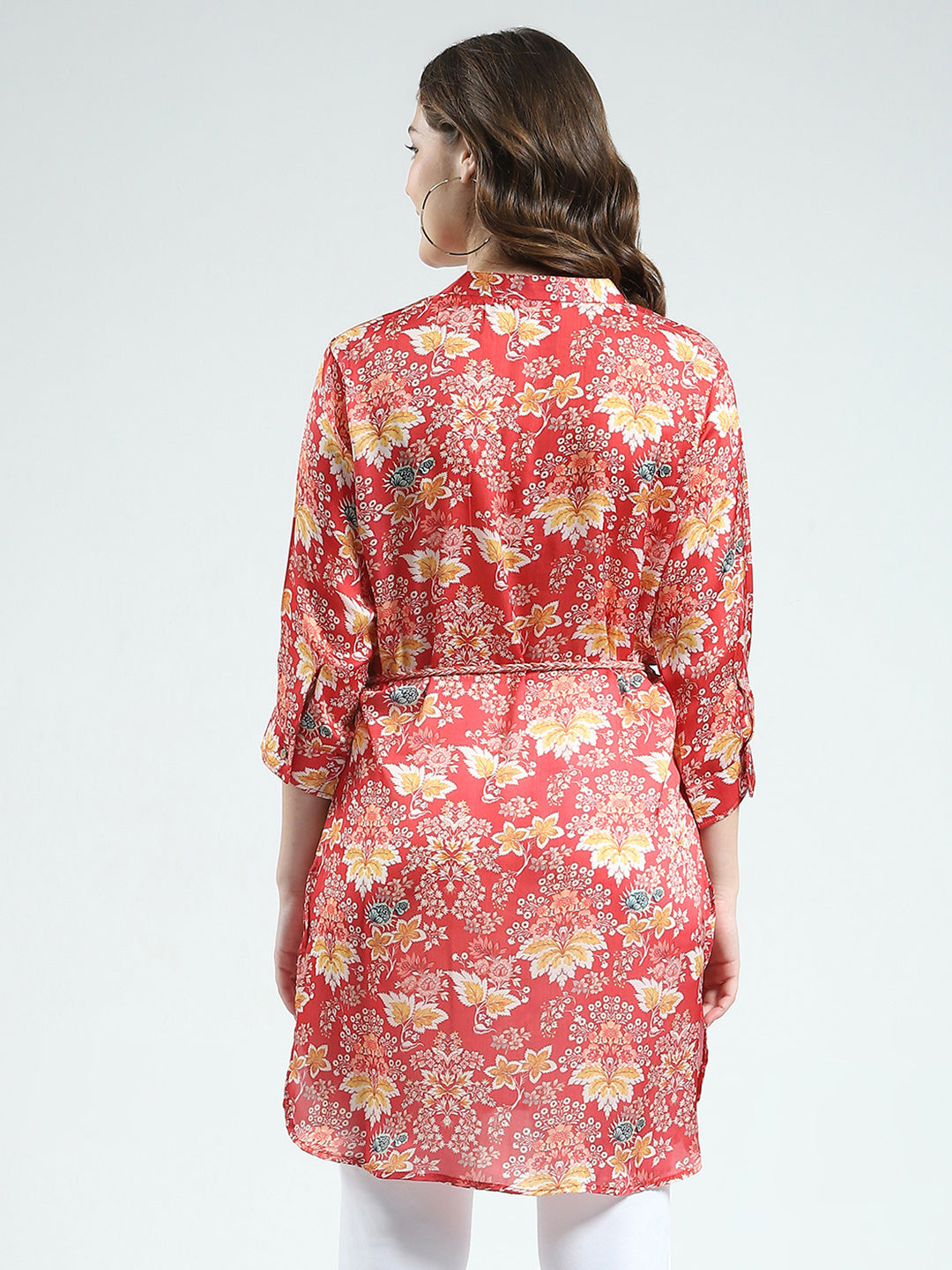 Women Red Printed Round Neck 3/4th Sleeve Tunic