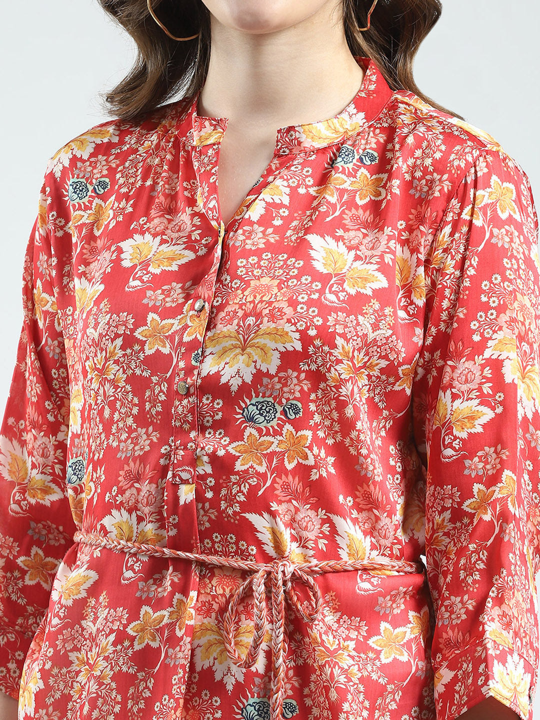Women Red Printed Round Neck 3/4th Sleeve Tunic