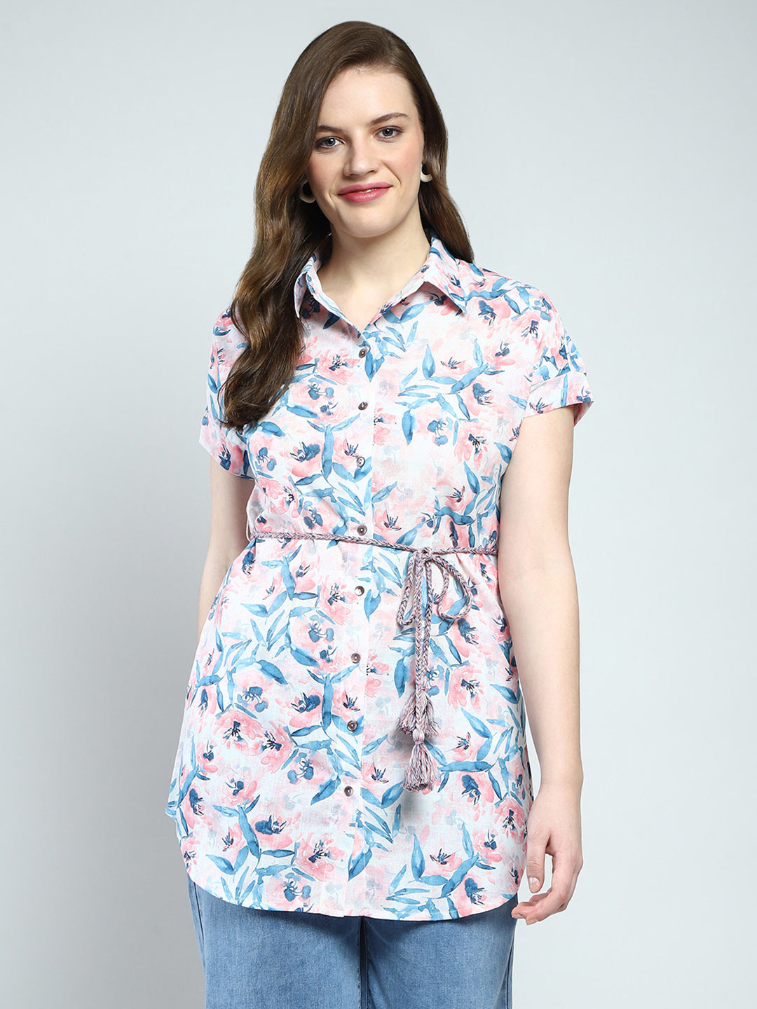 Women White Printed Collar Half Sleeve Tunic