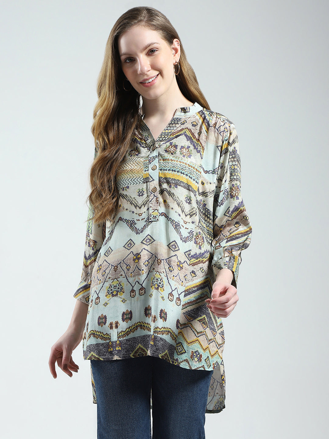 Women Multicolor Printed Band Collar 3/4th Sleeve Tunic