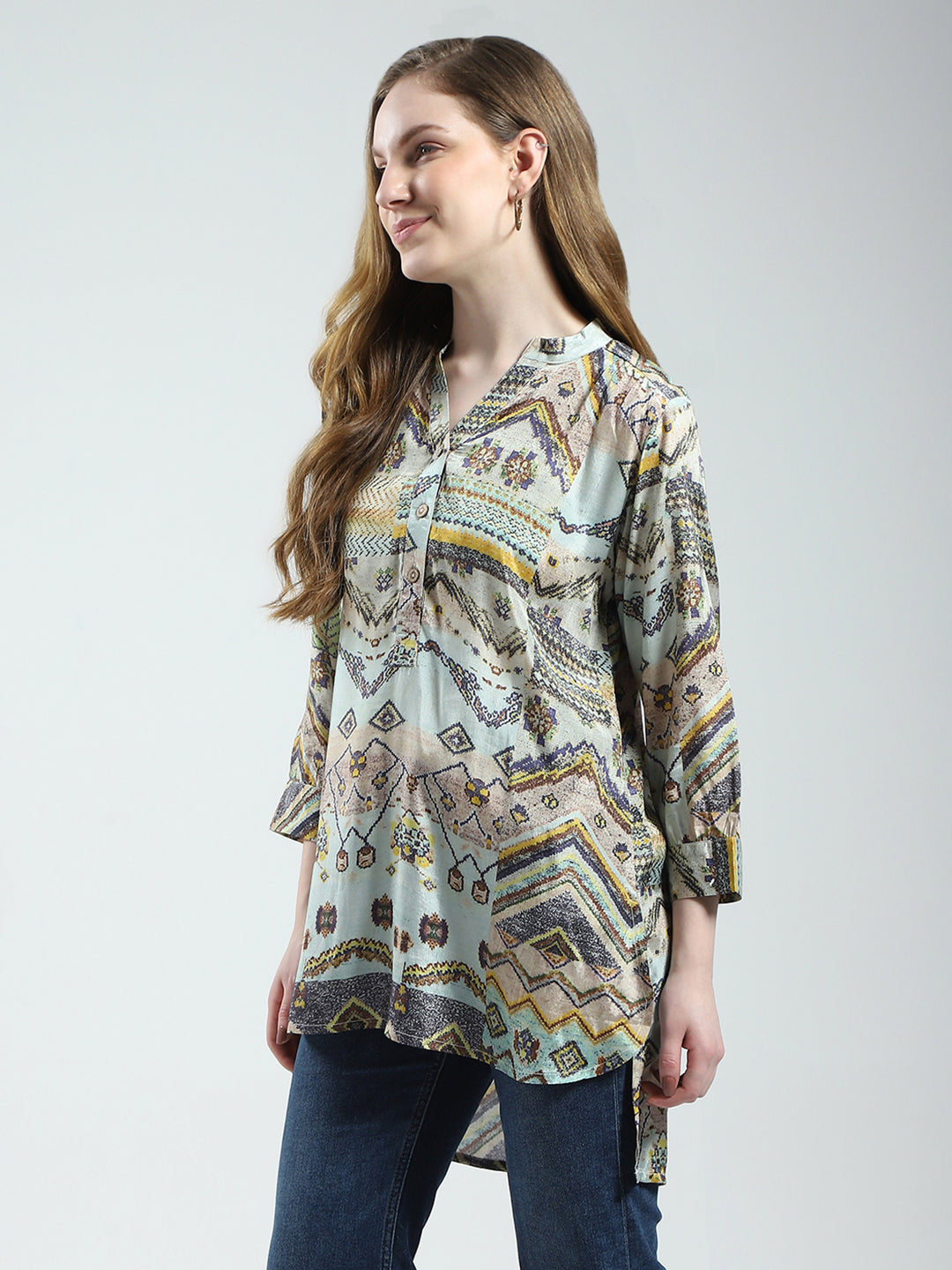 Women Multicolor Printed Band Collar 3/4th Sleeve Tunic