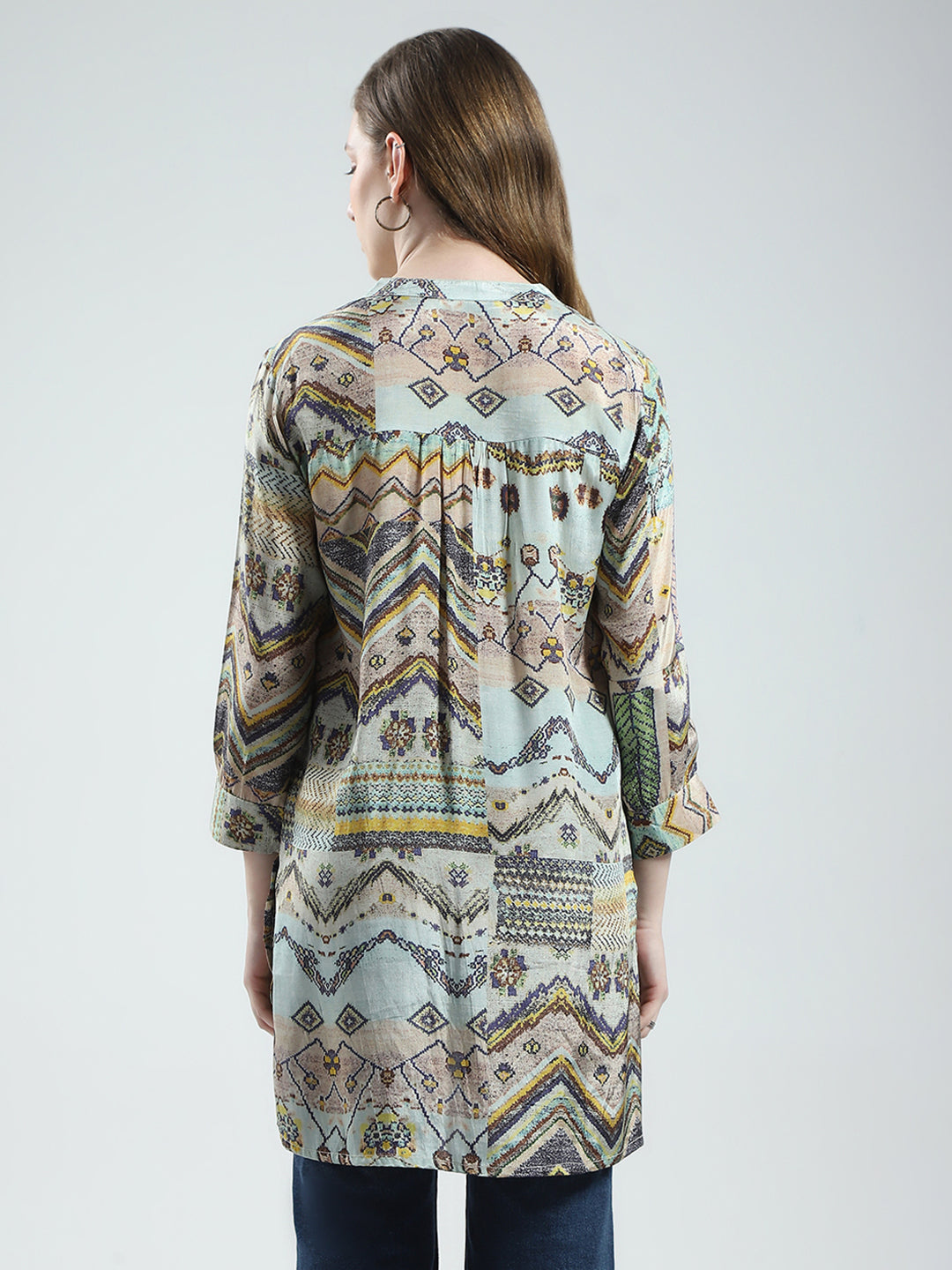 Women Multicolor Printed Band Collar 3/4th Sleeve Tunic