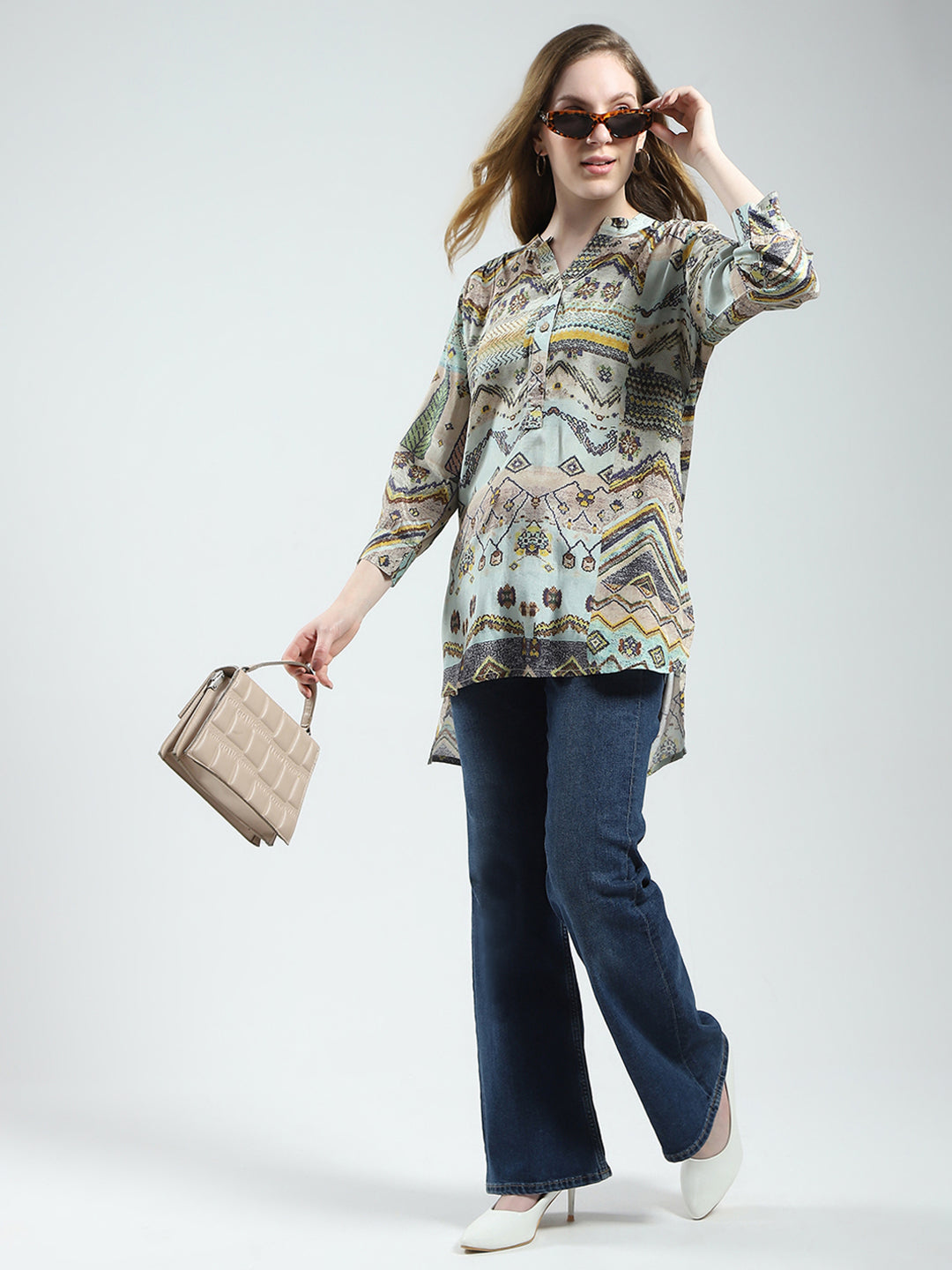 Women Multicolor Printed Band Collar 3/4th Sleeve Tunic