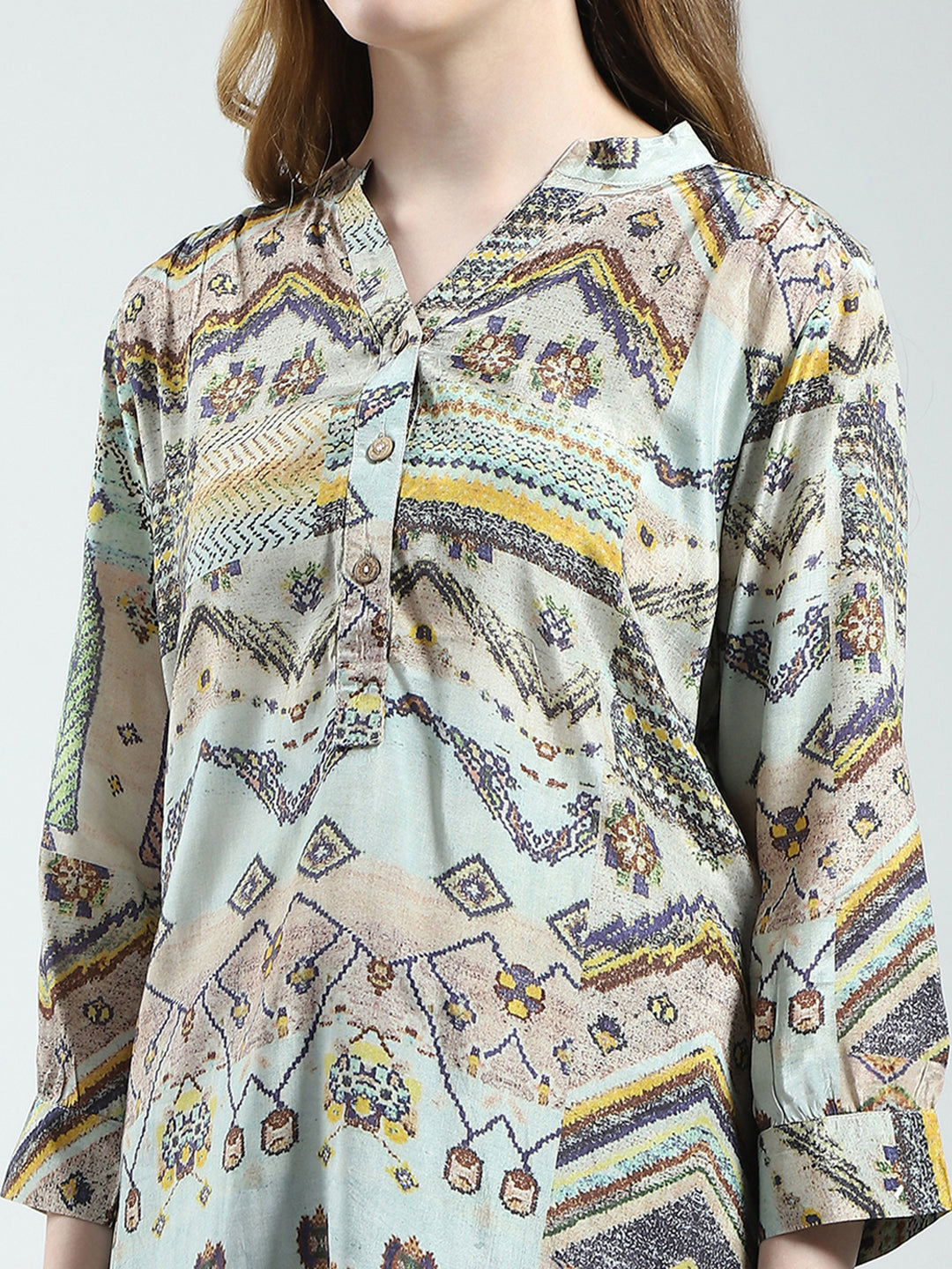 Women Multicolor Printed Band Collar 3/4th Sleeve Tunic