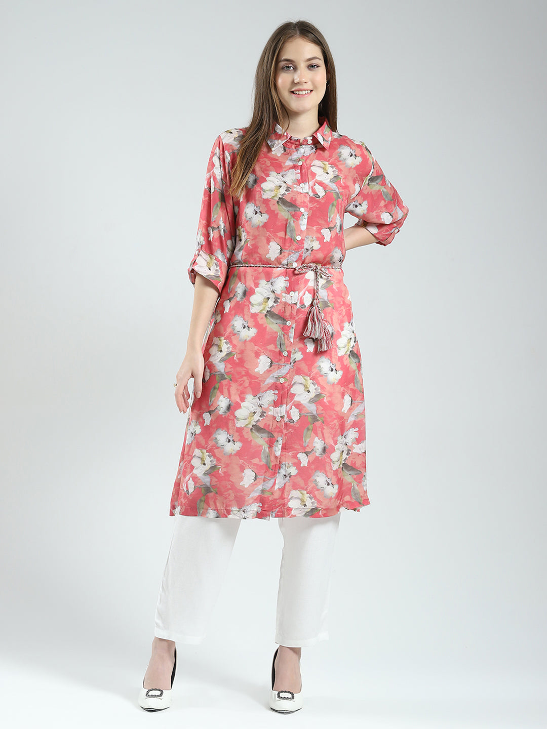 Women Coral Printed Collar 3/4th Sleeve Tunic