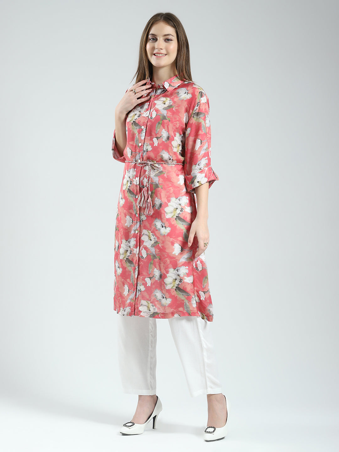Women Coral Printed Collar 3/4th Sleeve Tunic