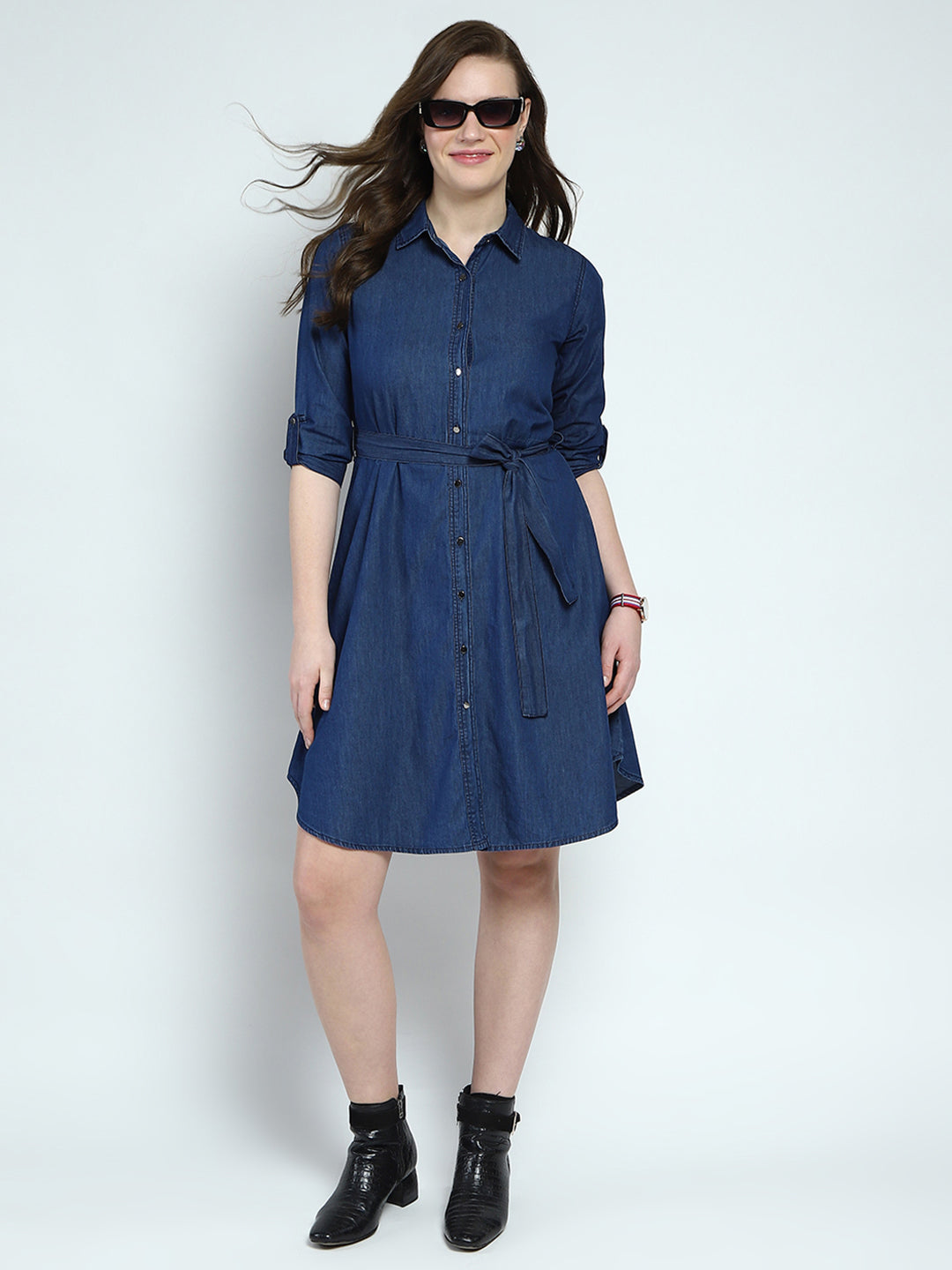 Women Blue Solid Collar 3/4th Sleeve Tunic