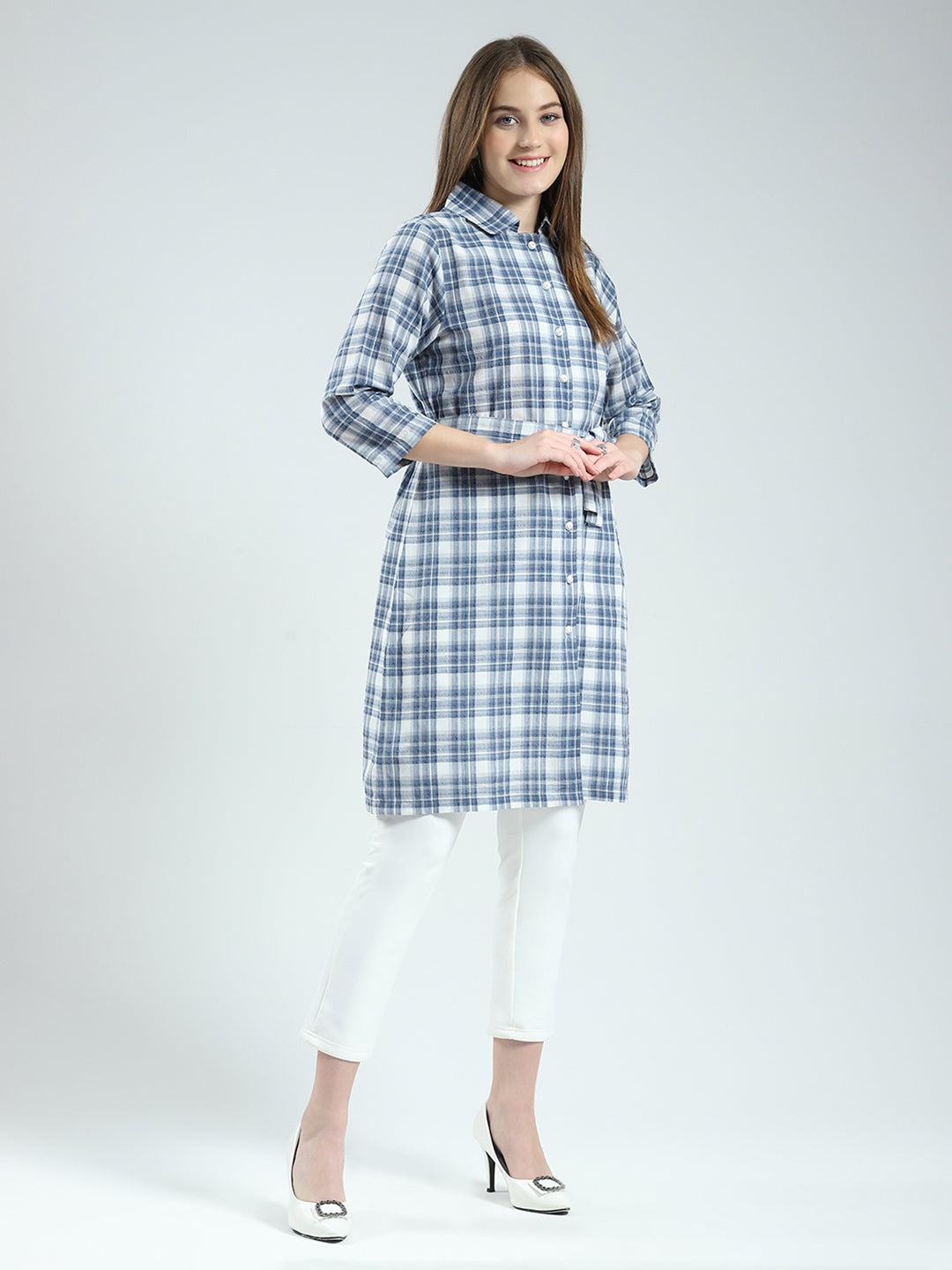 Women Blue Check Collar 3/4th Sleeve Tunic