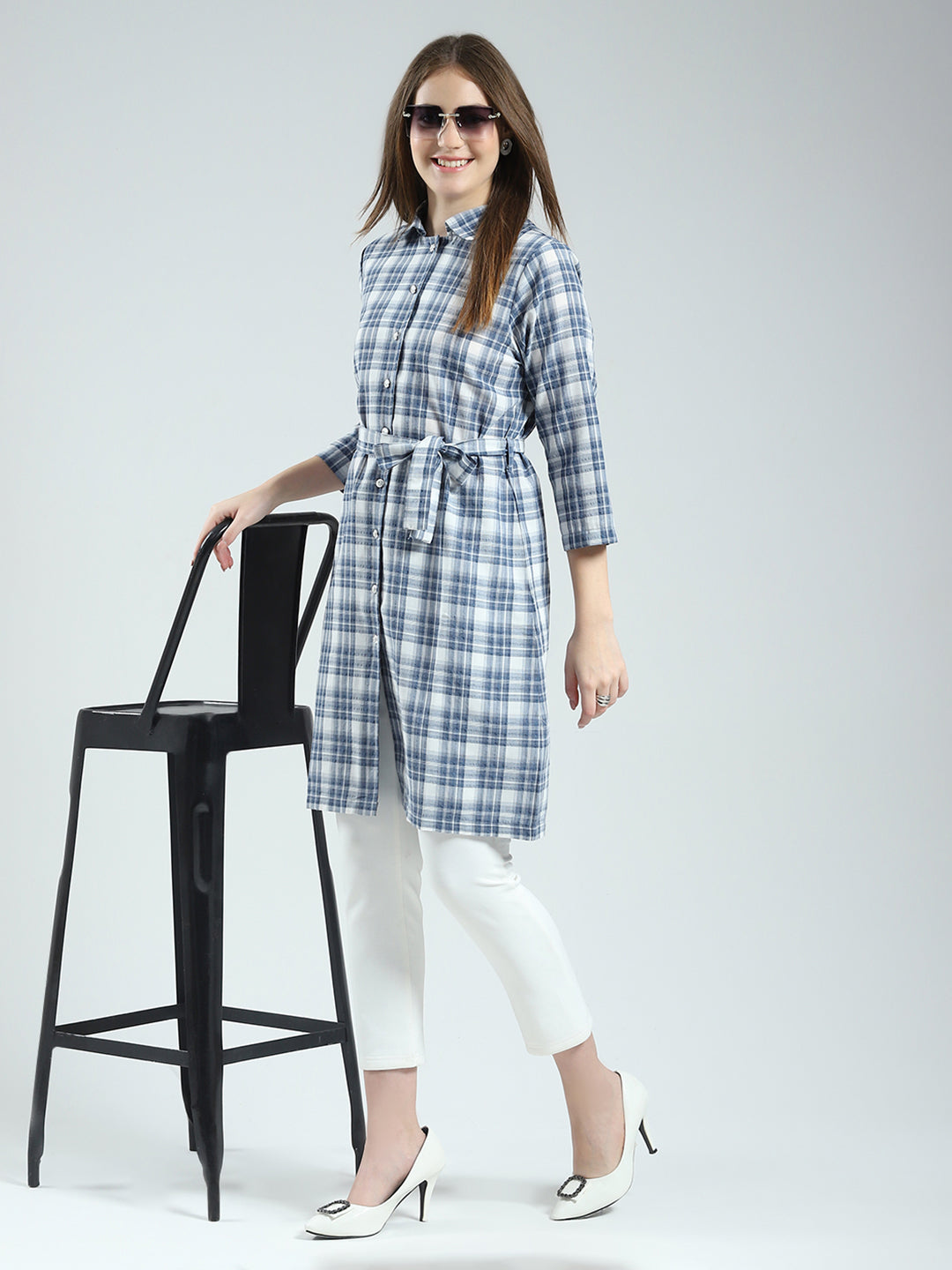 Women Blue Check Collar 3/4th Sleeve Tunic