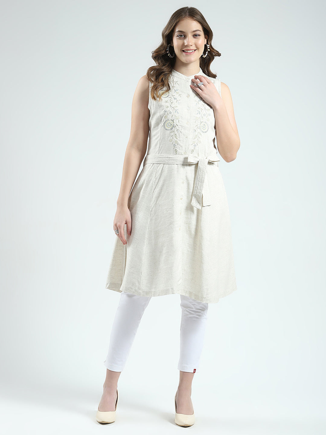 Buy Women Beige Embroidered Round Neck Sleeveless Tunic Online in
