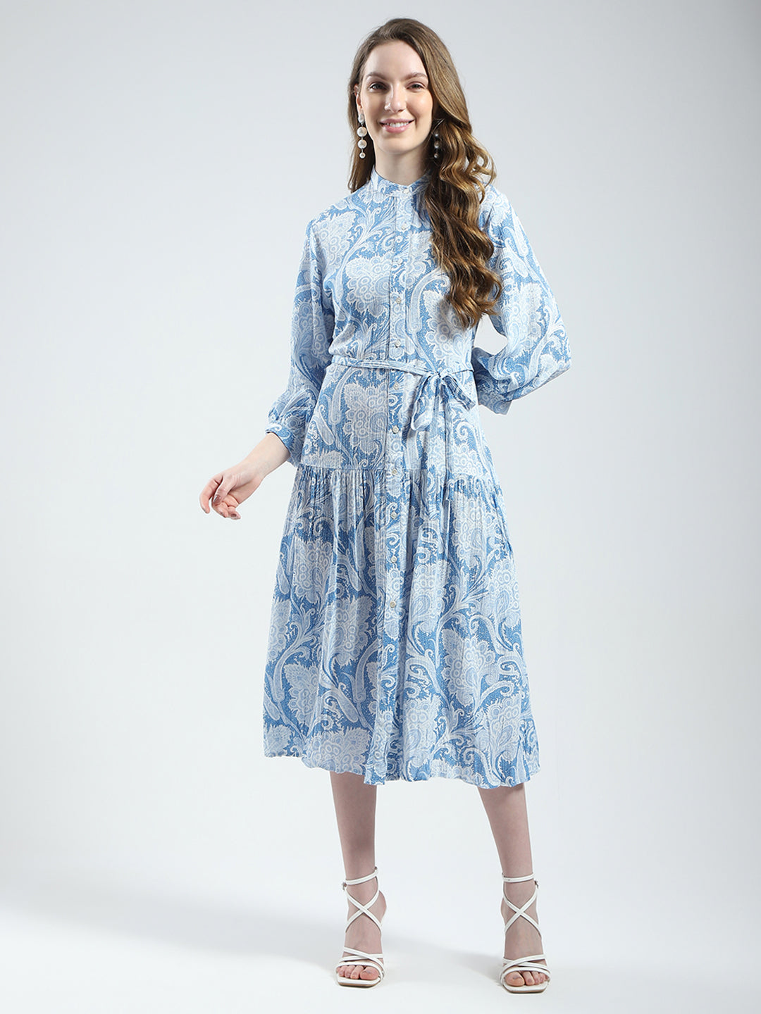 Women Blue Printed Band Collar 3/4th Sleeve Dress