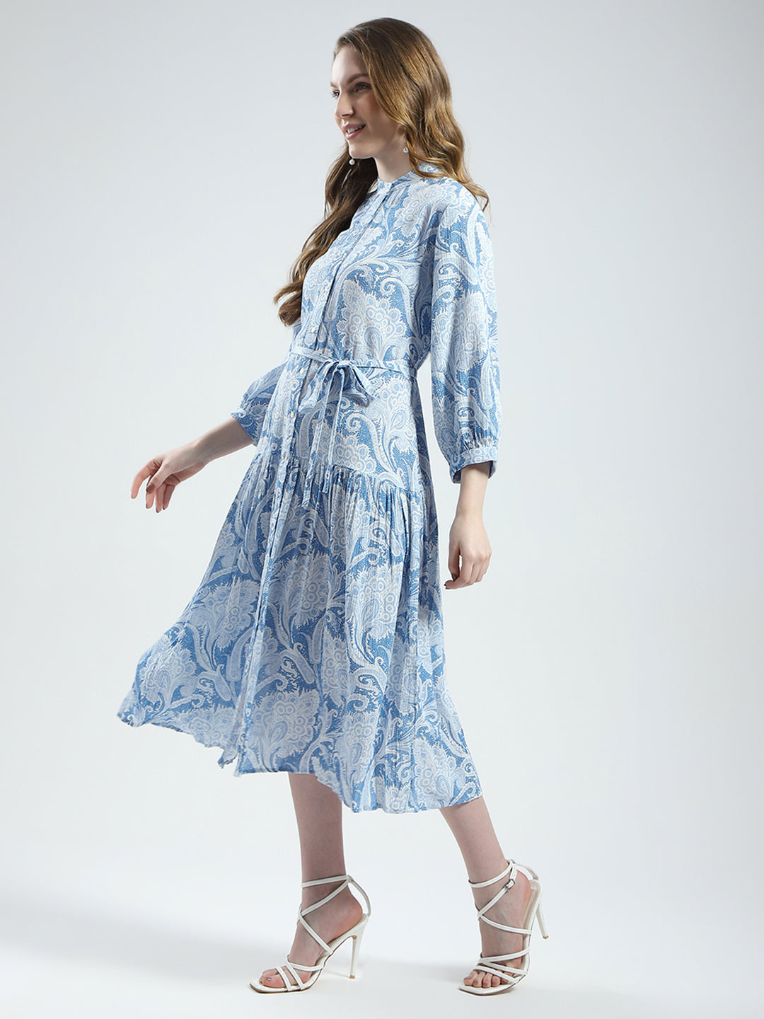 Women Blue Printed Band Collar 3/4th Sleeve Dress