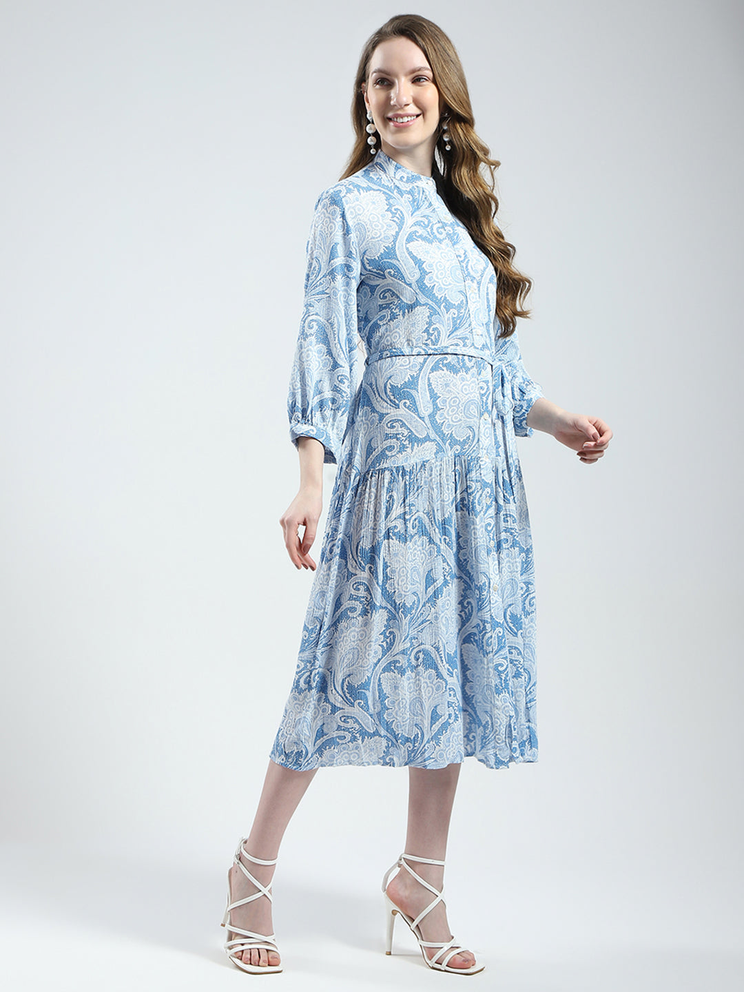 Women Blue Printed Band Collar 3/4th Sleeve Dress