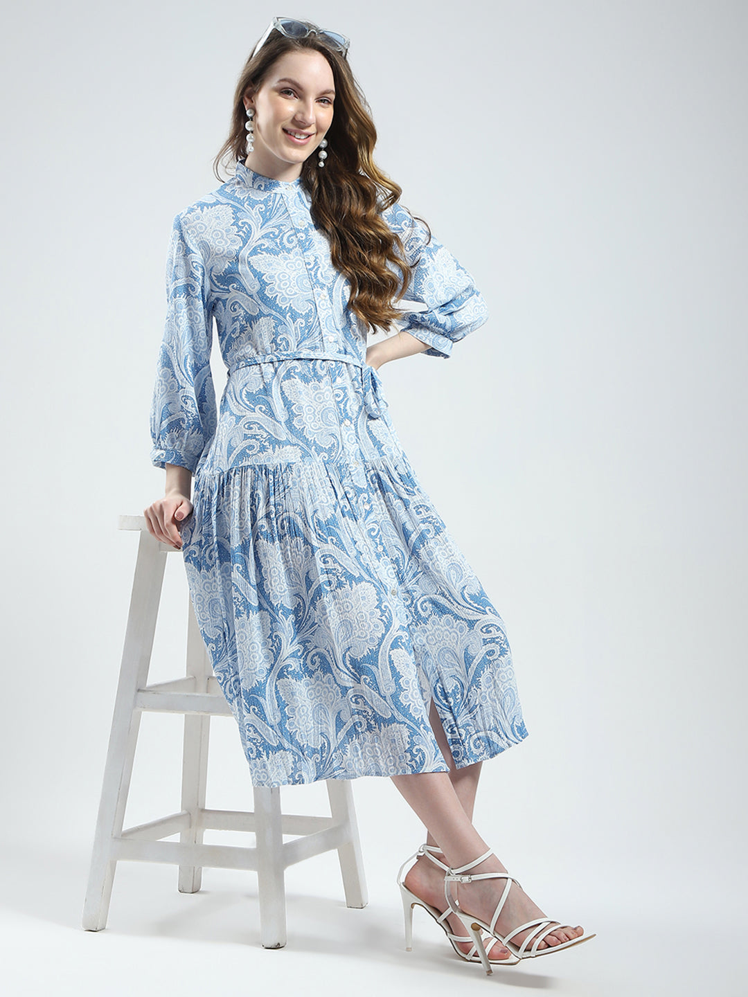 Women Blue Printed Band Collar 3/4th Sleeve Dress