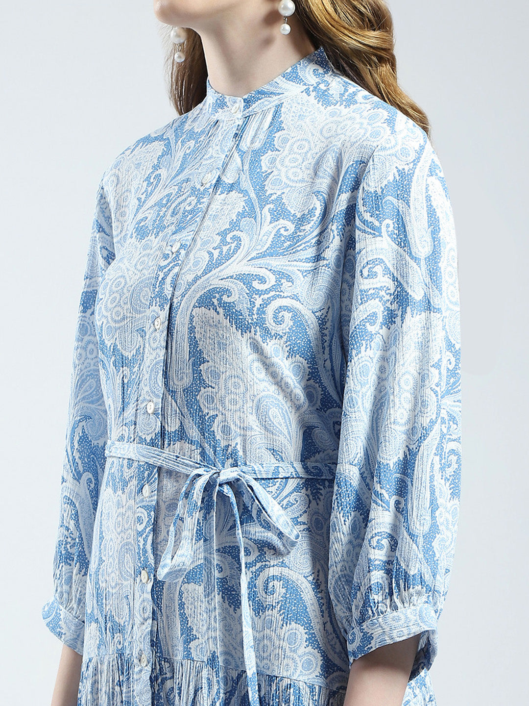 Women Blue Printed Band Collar 3/4th Sleeve Dress