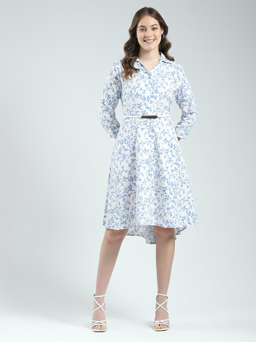Women White Printed Round Neck 3/4th Sleeve Dress