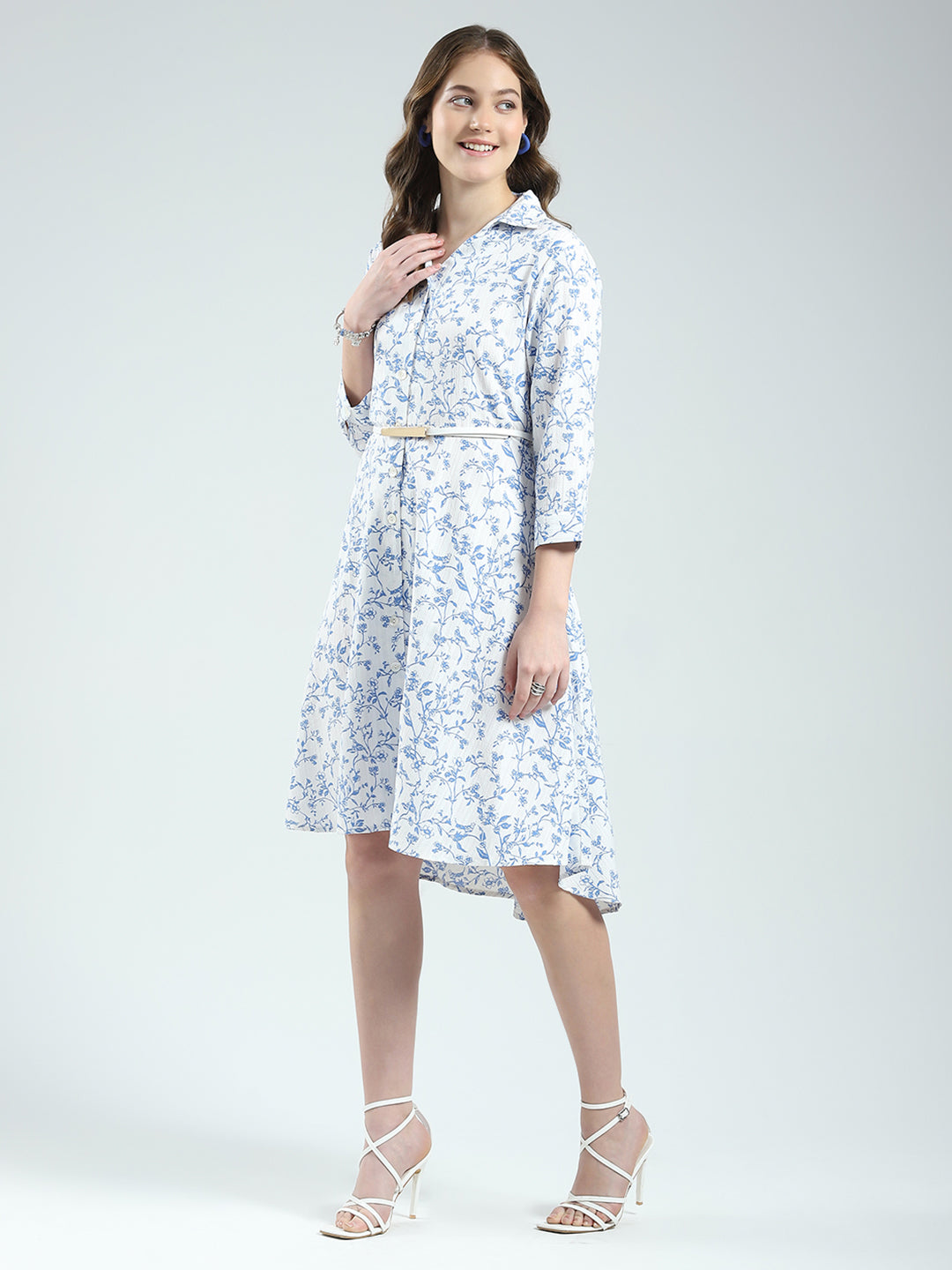 Women White Printed Round Neck 3/4th Sleeve Dress
