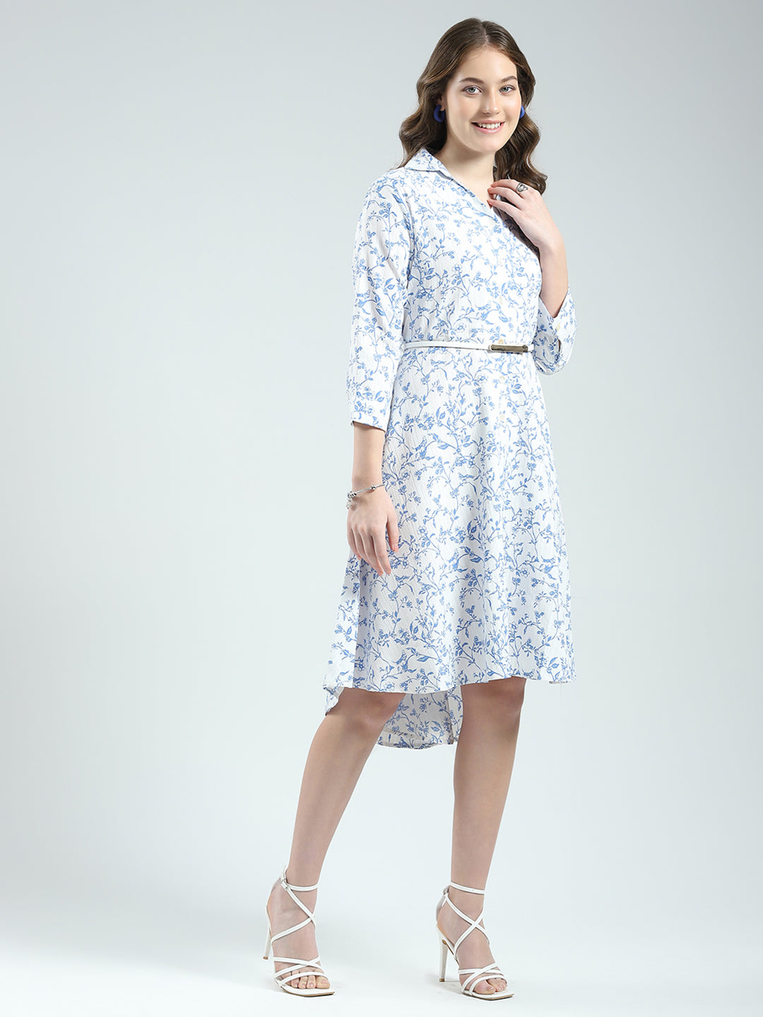 Women White Printed Round Neck 3/4th Sleeve Dress