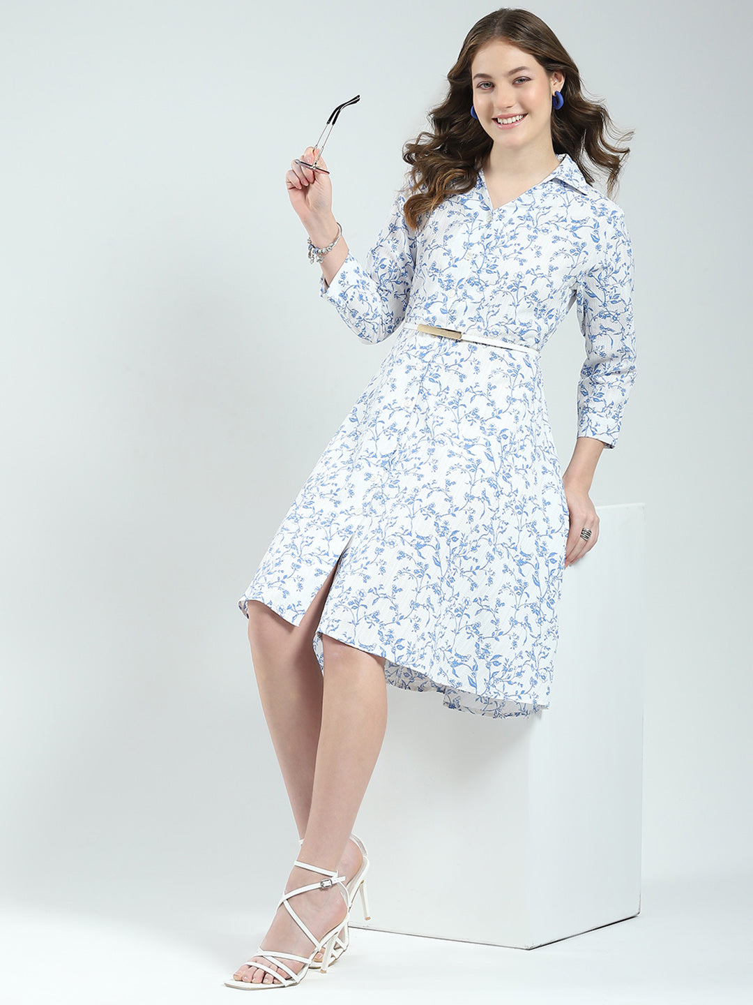 Women White Printed Round Neck 3/4th Sleeve Dress