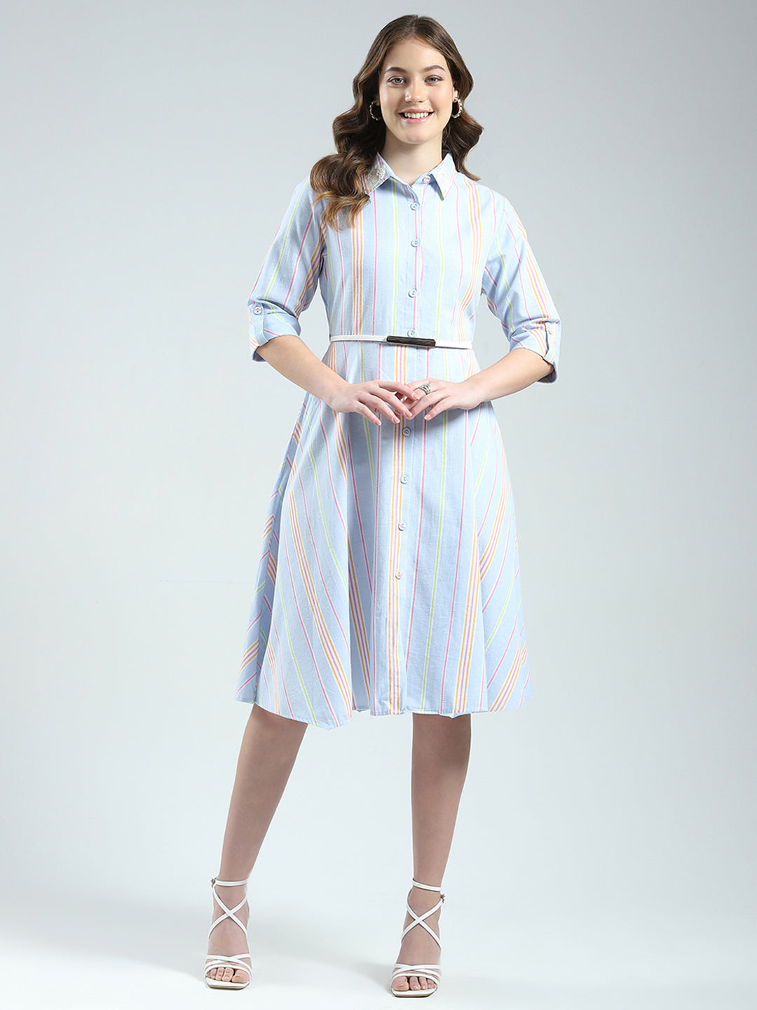 Women Blue Stripe Round Neck 3/4th Sleeve Dress