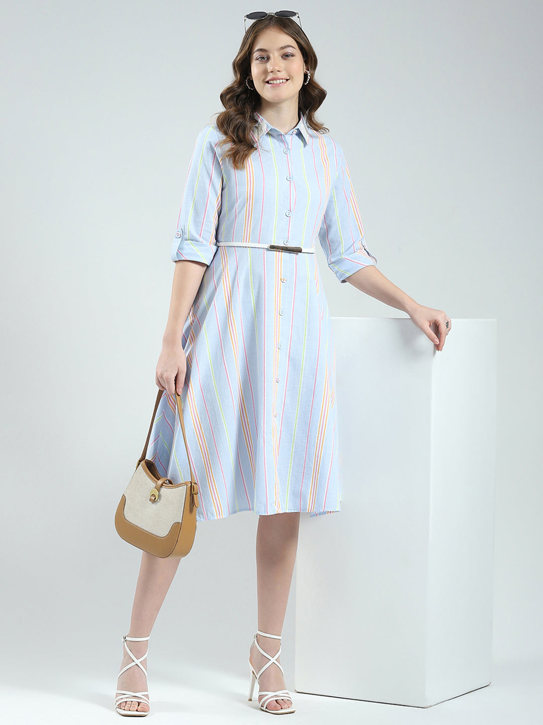 Women Blue Stripe Round Neck 3/4th Sleeve Dress