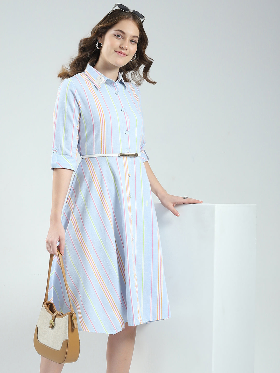 Women Blue Stripe Round Neck 3/4th Sleeve Dress