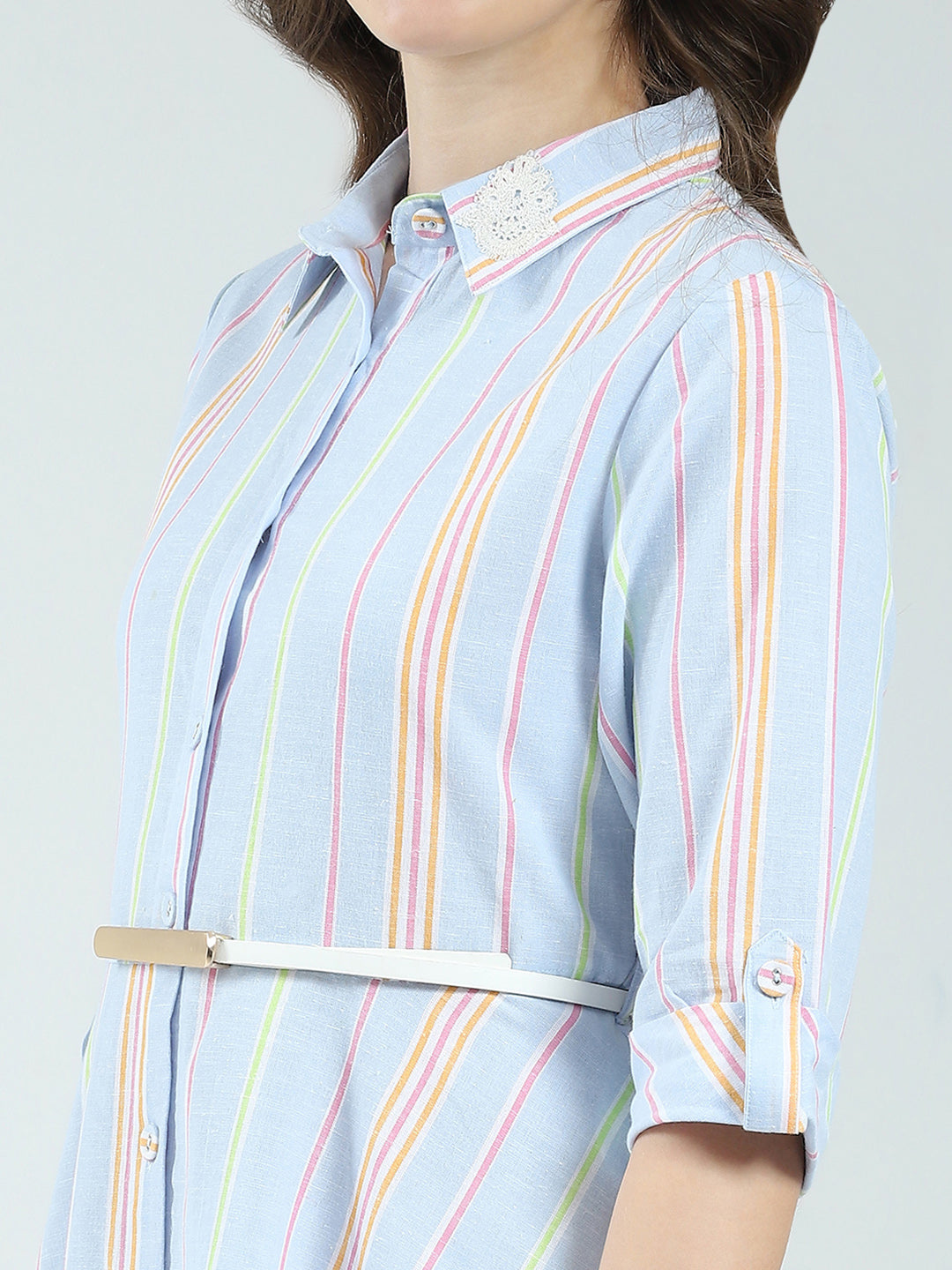 Women Blue Stripe Round Neck 3/4th Sleeve Dress