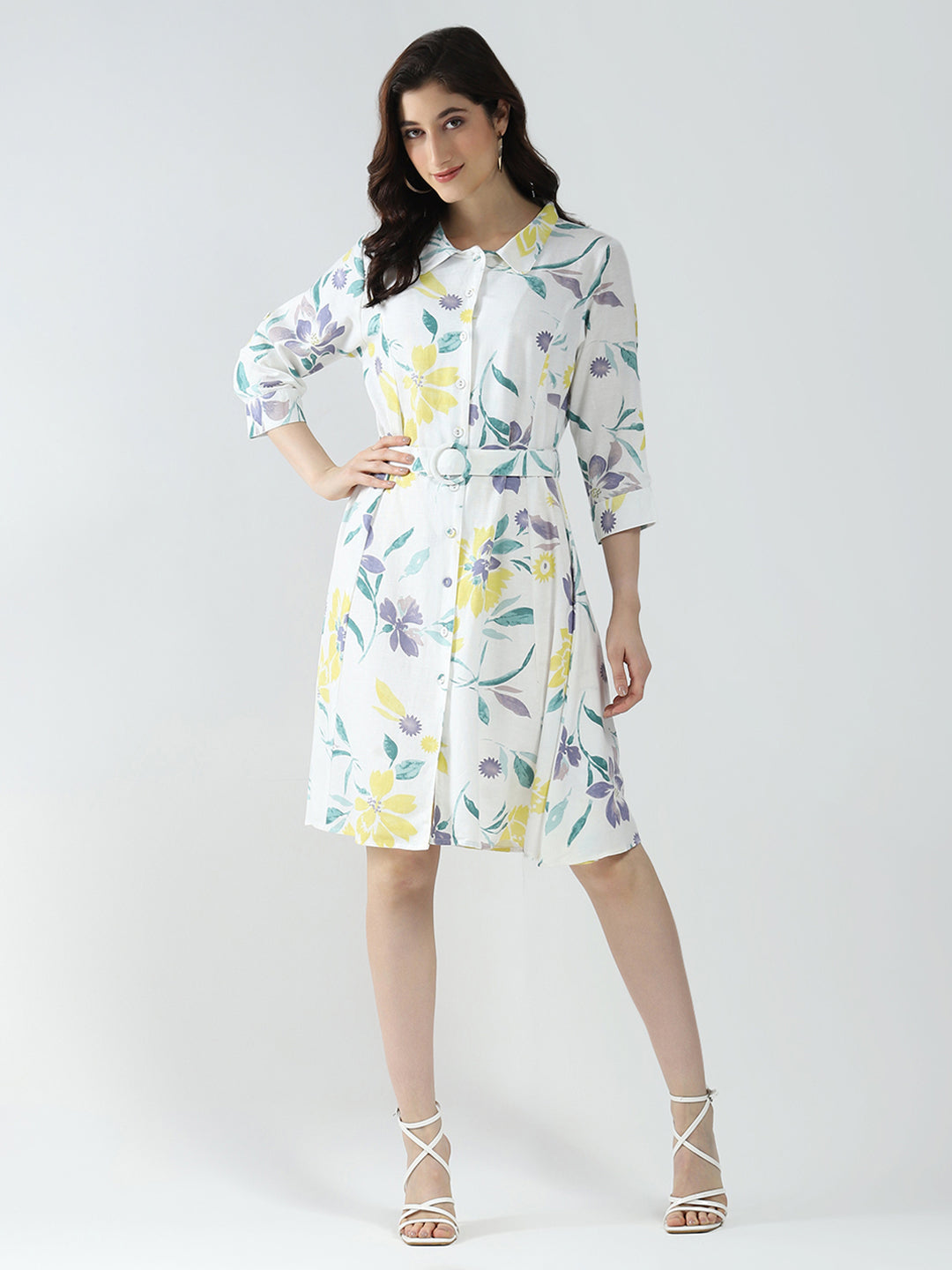 Women Off White Printed Collar 3/4th Sleeve Dress