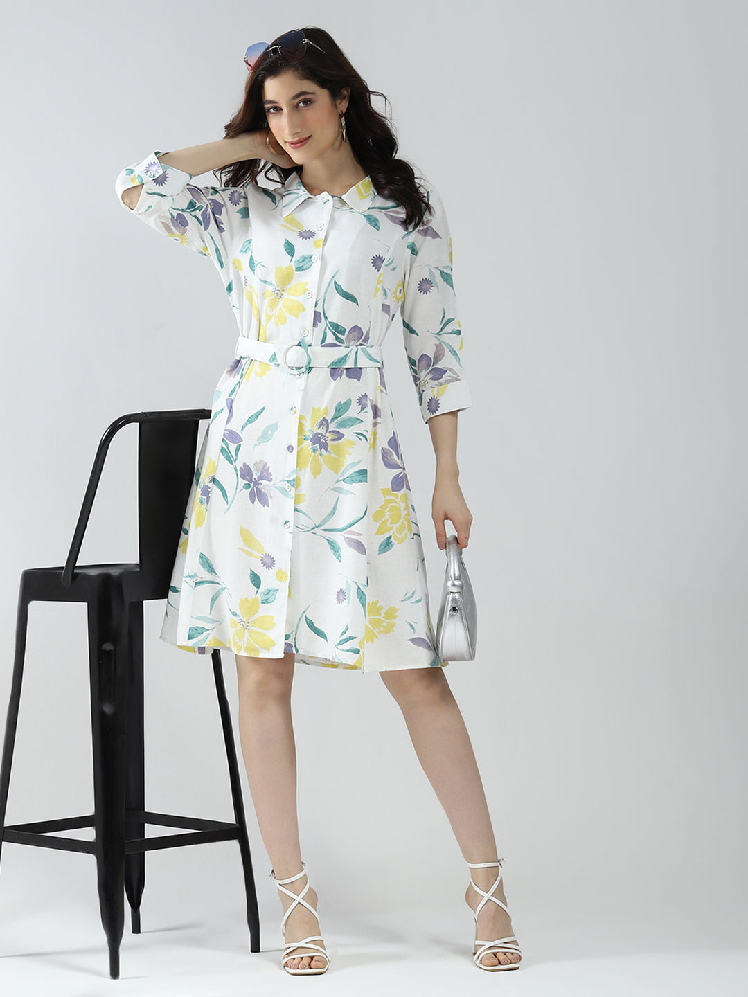 Women Off White Printed Collar 3/4th Sleeve Dress