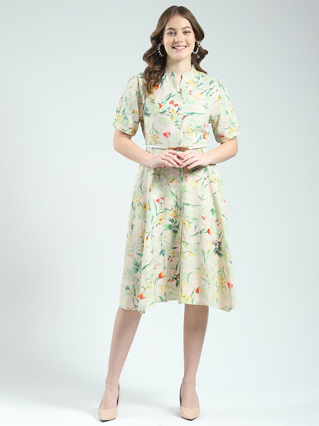 Women Beige Printed Band Neck Half Sleeve Dress
