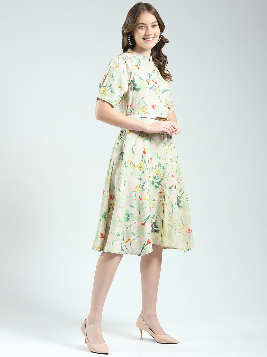 Women Beige Printed Band Neck Half Sleeve Dress