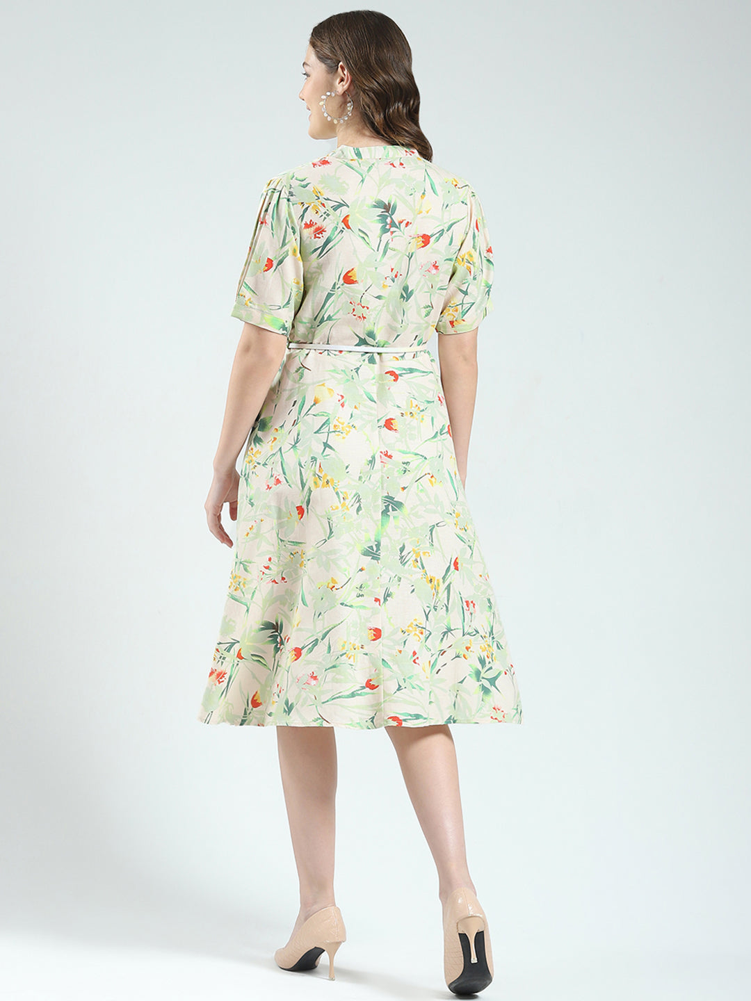 Women Beige Printed Band Neck Half Sleeve Dress